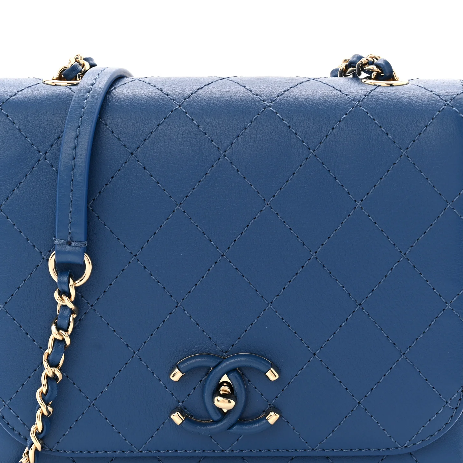 Calfskin Stitched Small Covered CC Flap Bag Blue - Image 8