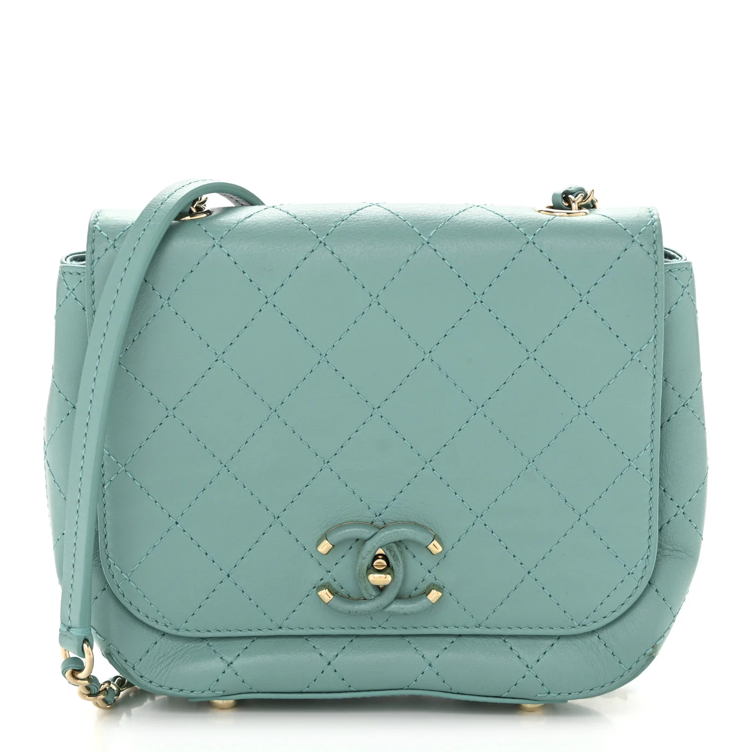Calfskin Stitched Small Covered CC Flap Bag Green