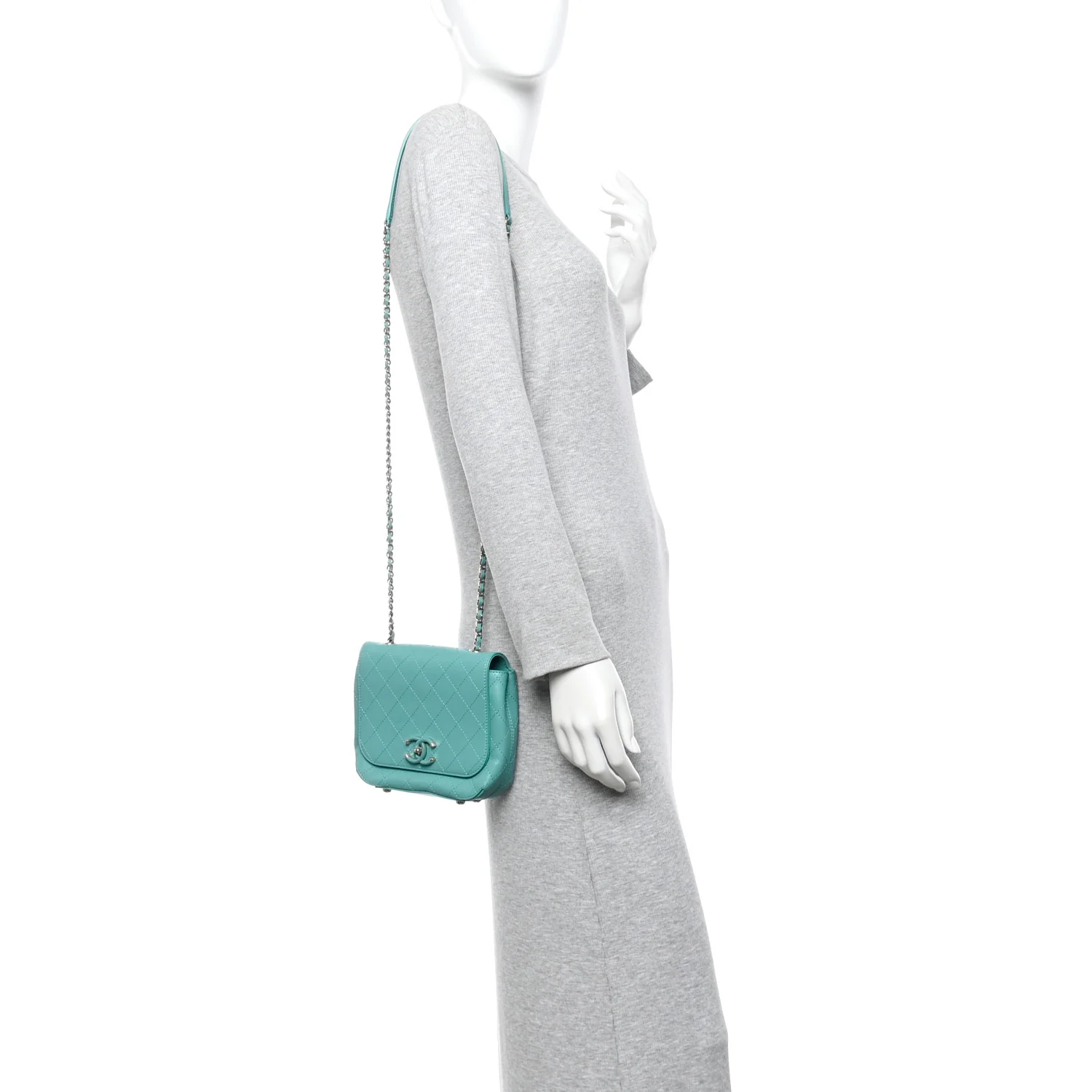 Calfskin Stitched Small Covered CC Flap Bag Green - Image 2
