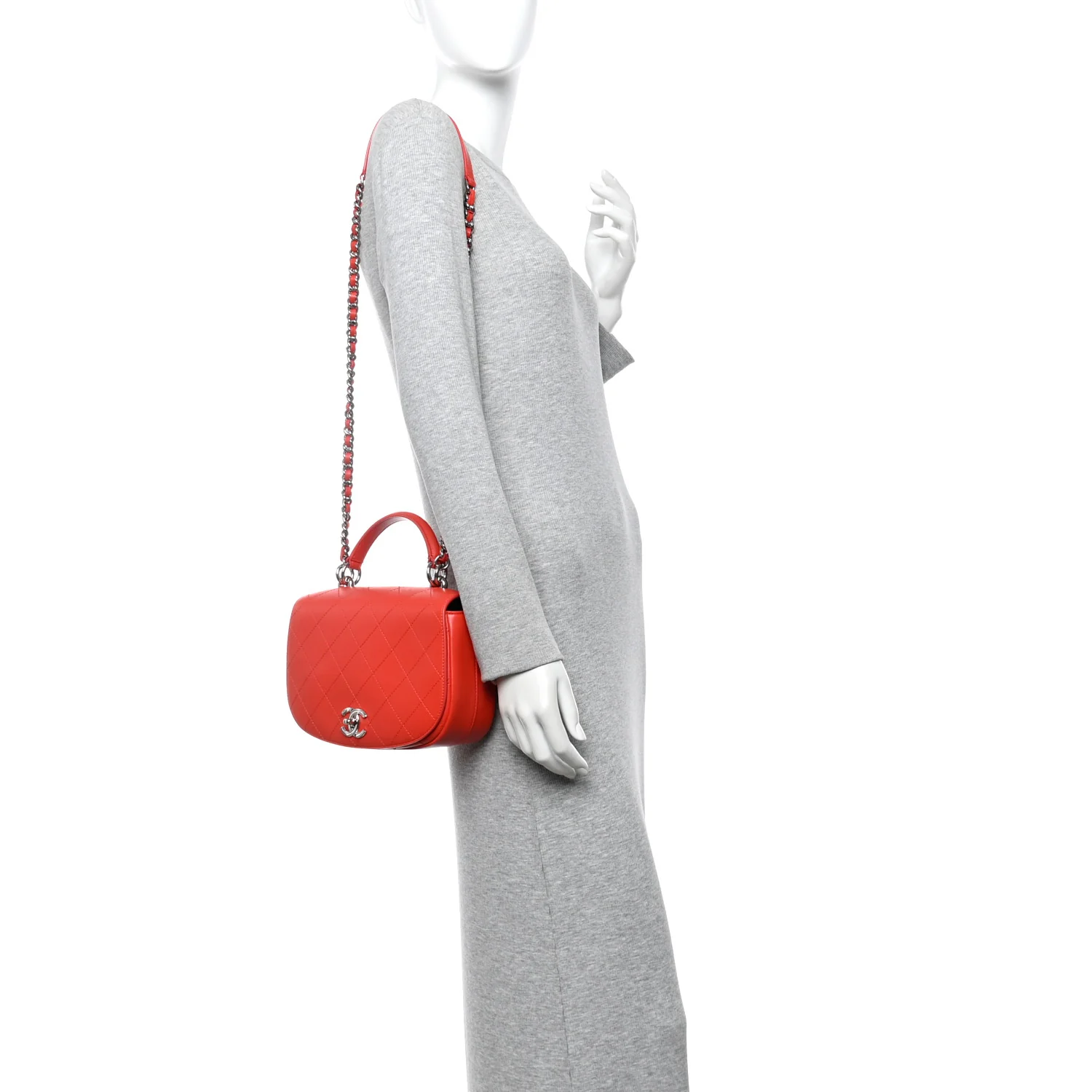 Calfskin Stitched Small Ring My Bag Flap Crossbody Red - Image 2
