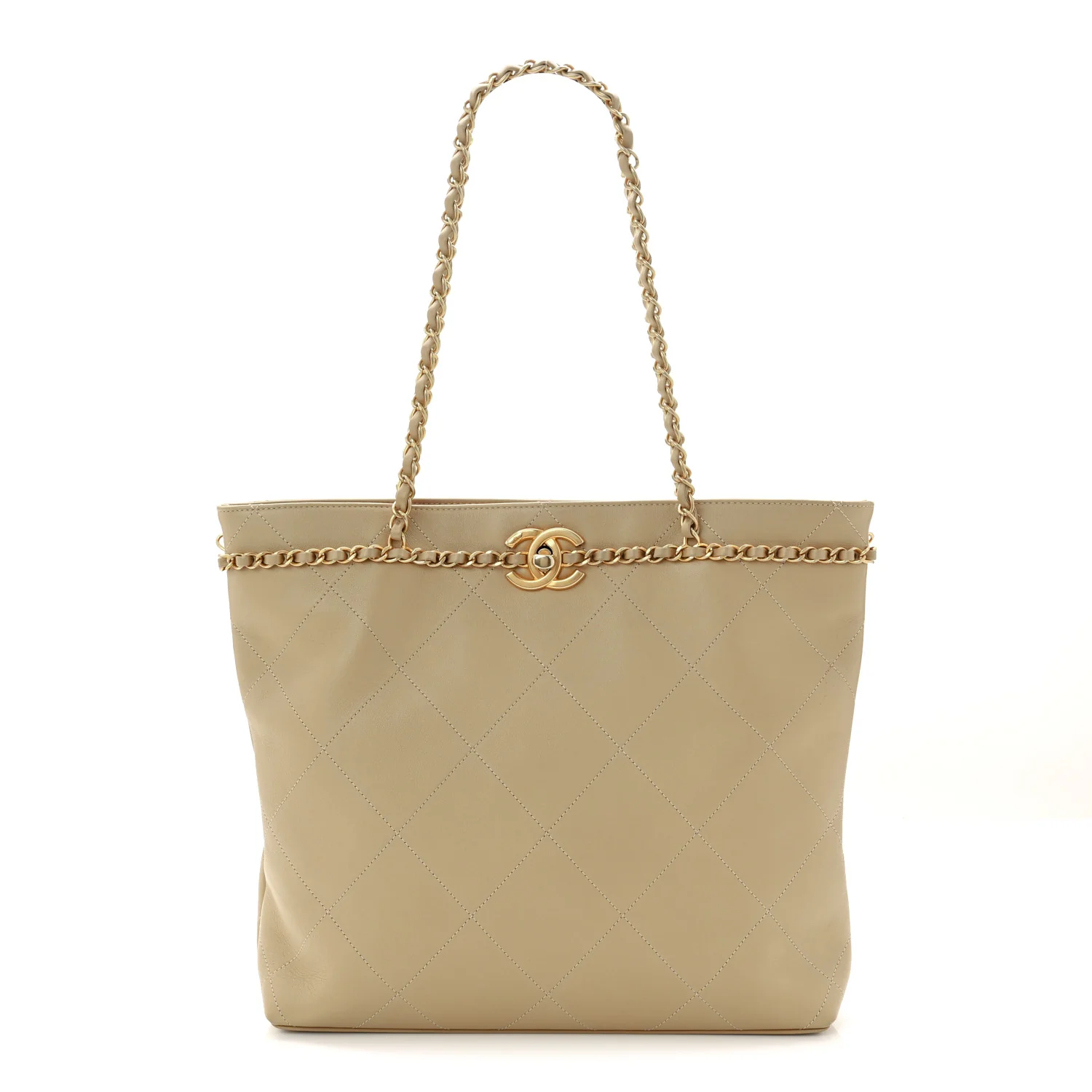 Calfskin Stitched Small Shopping Tote Dark Beige