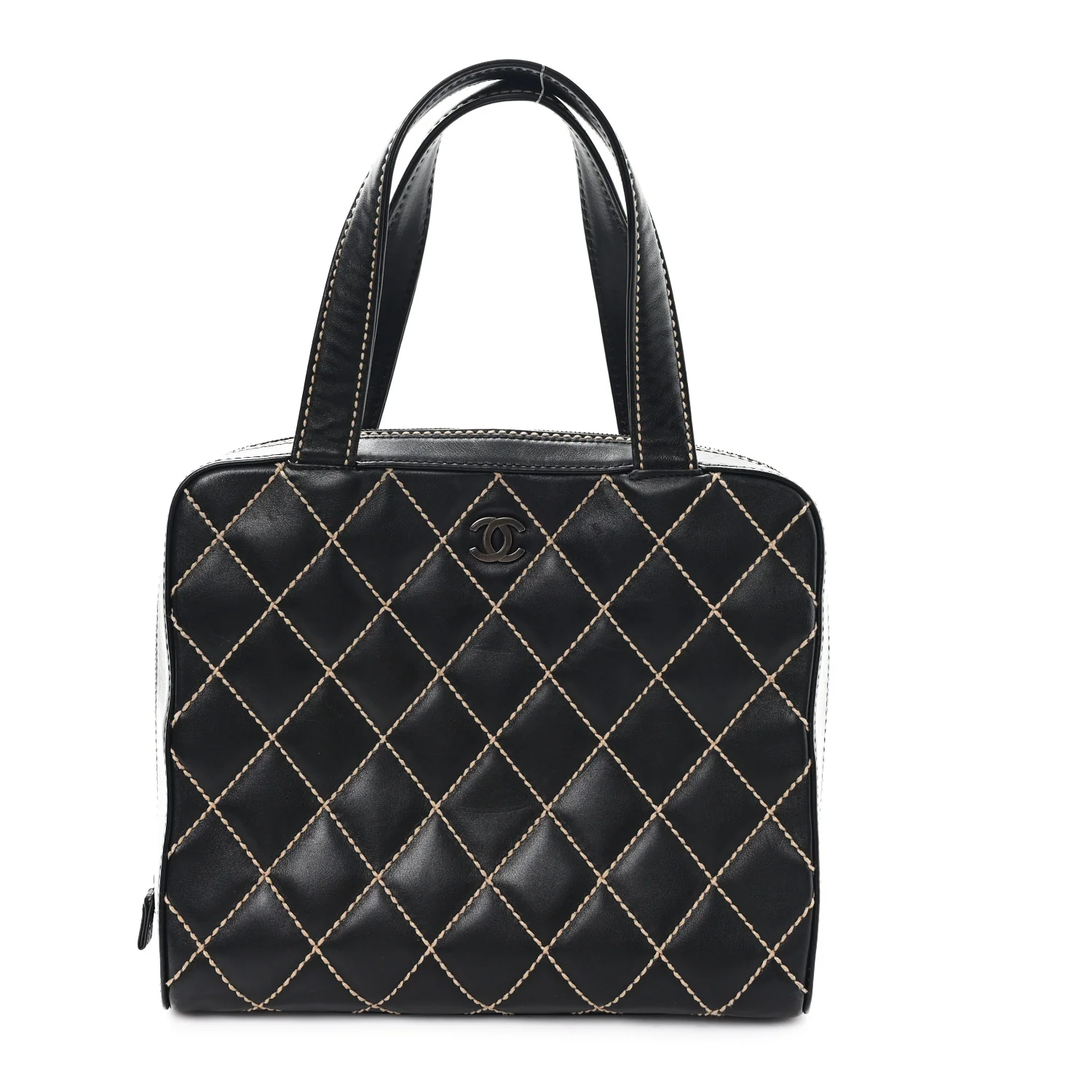 Calfskin Wild Stitch Vertical Top Handle Bag Black
