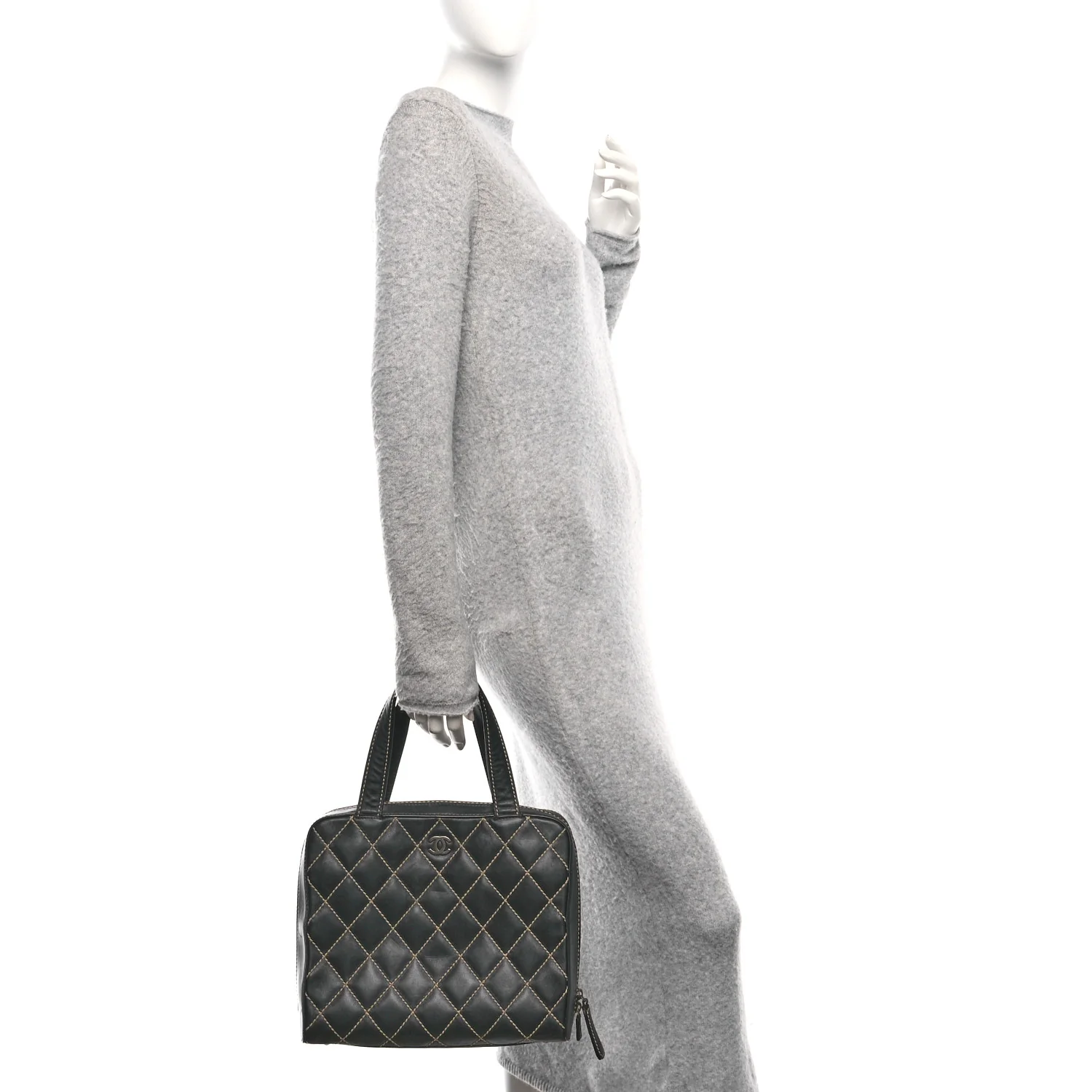 Calfskin Wild Stitch Vertical Top Handle Bag Black - Image 3