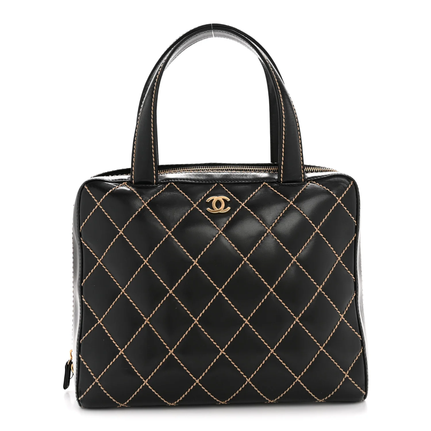 Calfskin Wild Stitch Vertical Top Handle Bag Black