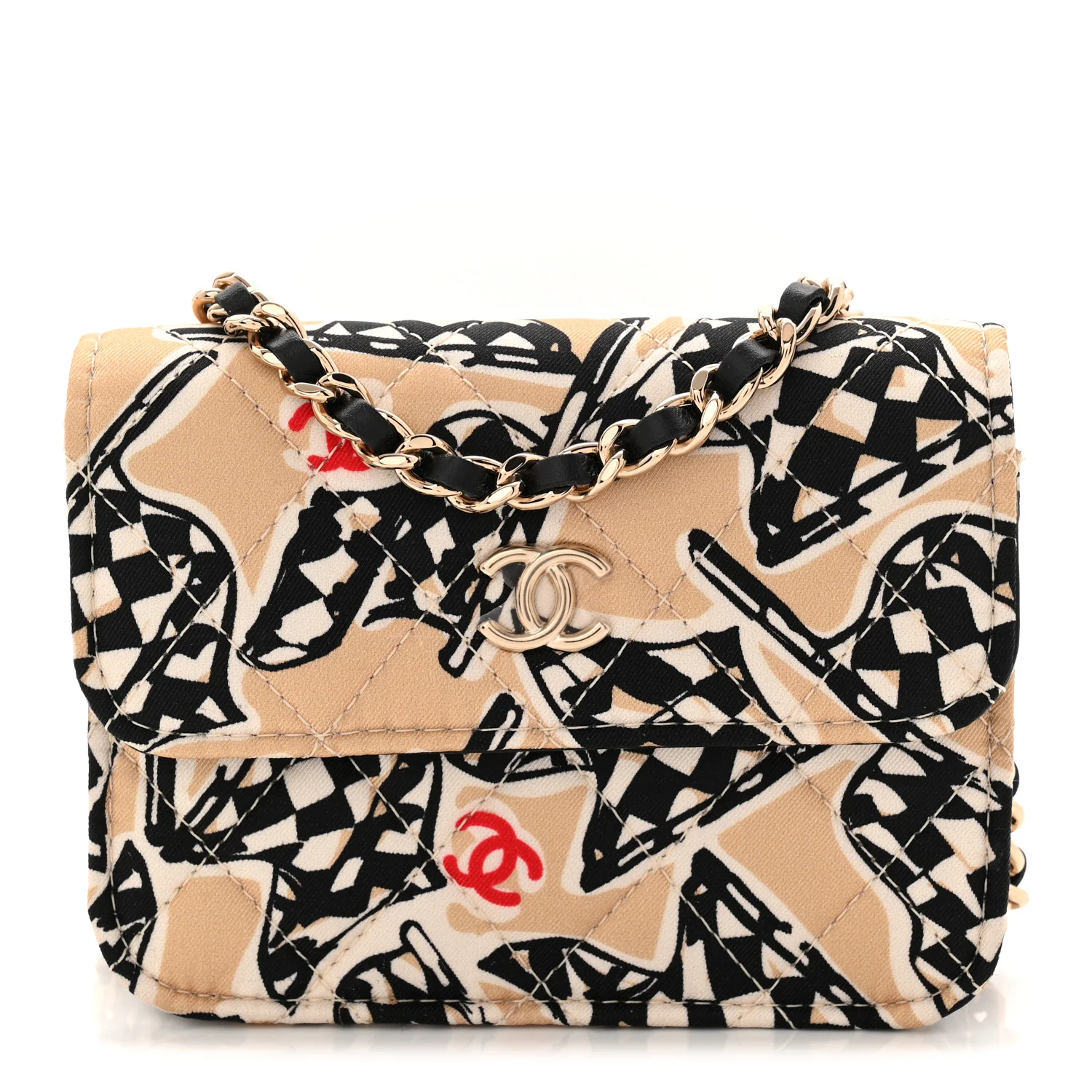 Canvas Check Flag Printed CC Clutch With Chain Beige Multicolor