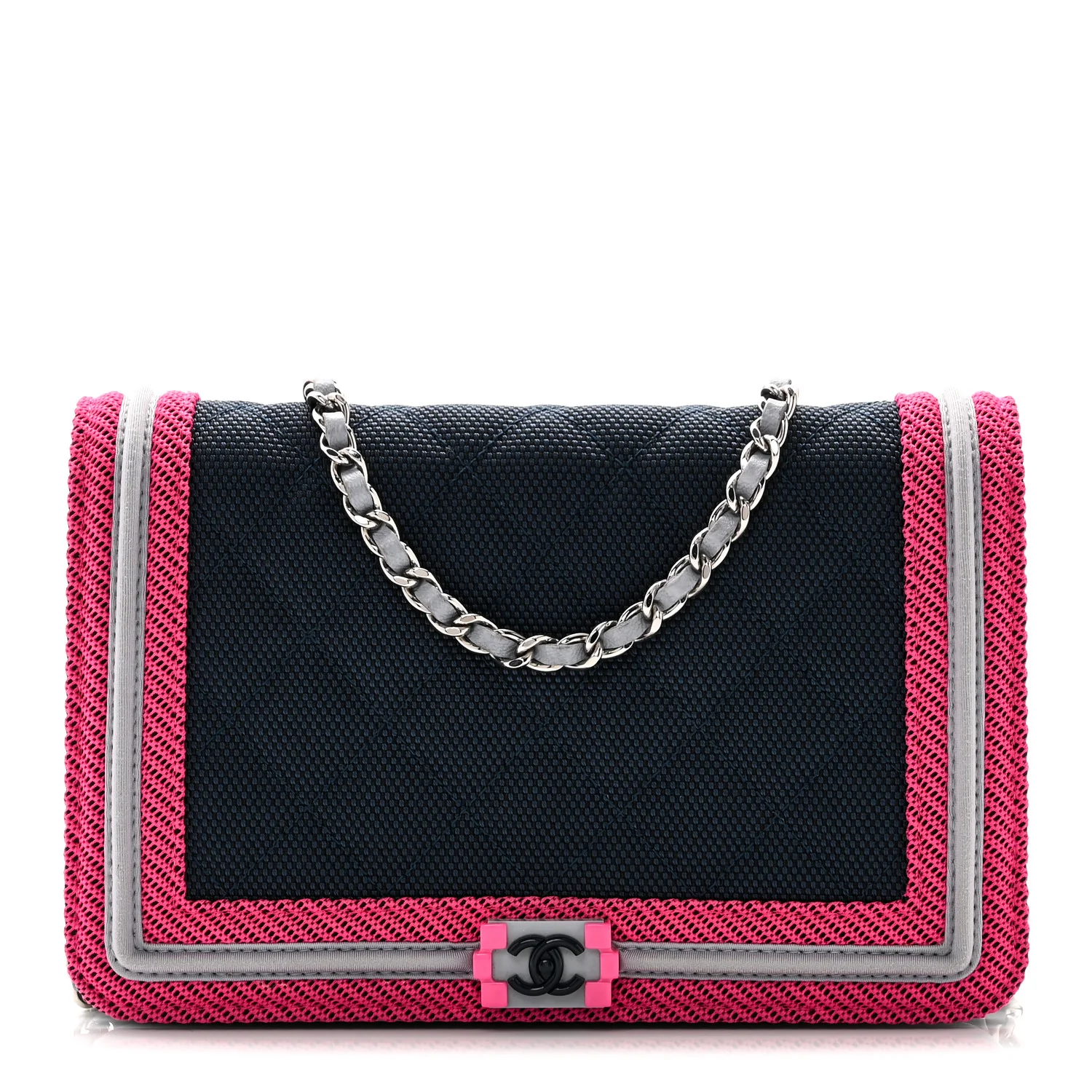 Canvas Quilted Fluo Boy Wallet On Chain WOC Dark Navy Fuchsia Grey