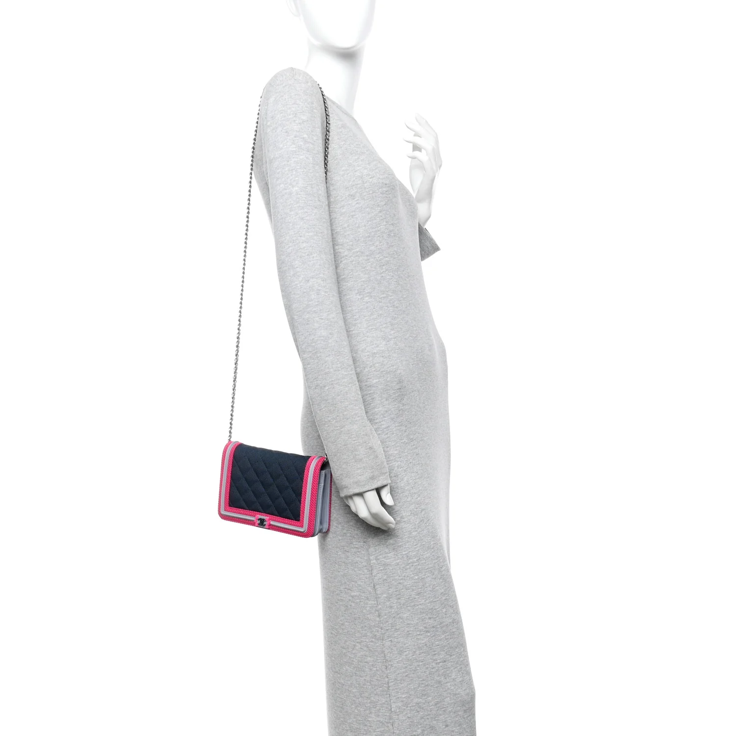Canvas Quilted Fluo Boy Wallet On Chain WOC Dark Navy Fuchsia Grey - Image 2