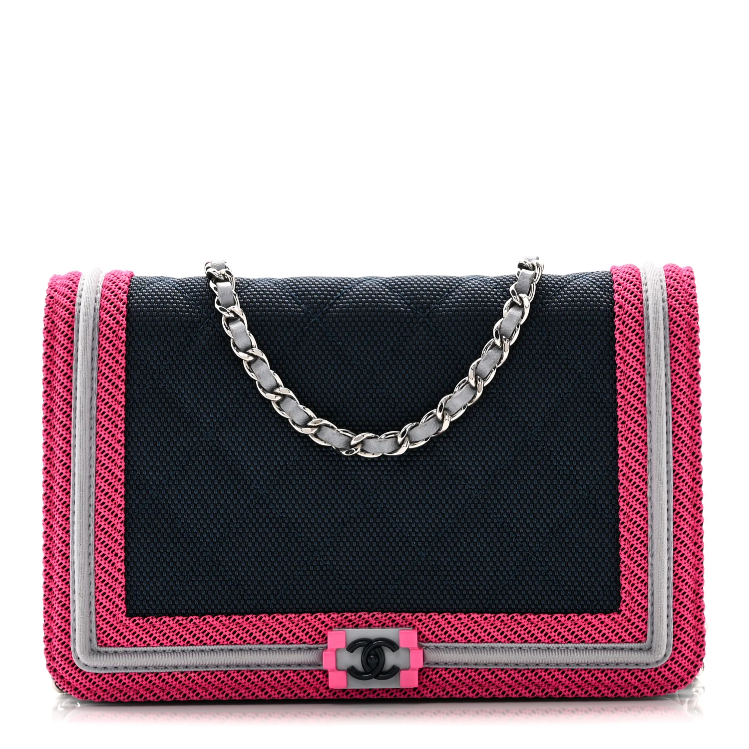 Canvas Quilted Fluo Boy Wallet On Chain WOC Dark Navy Fuchsia Grey - Image 9
