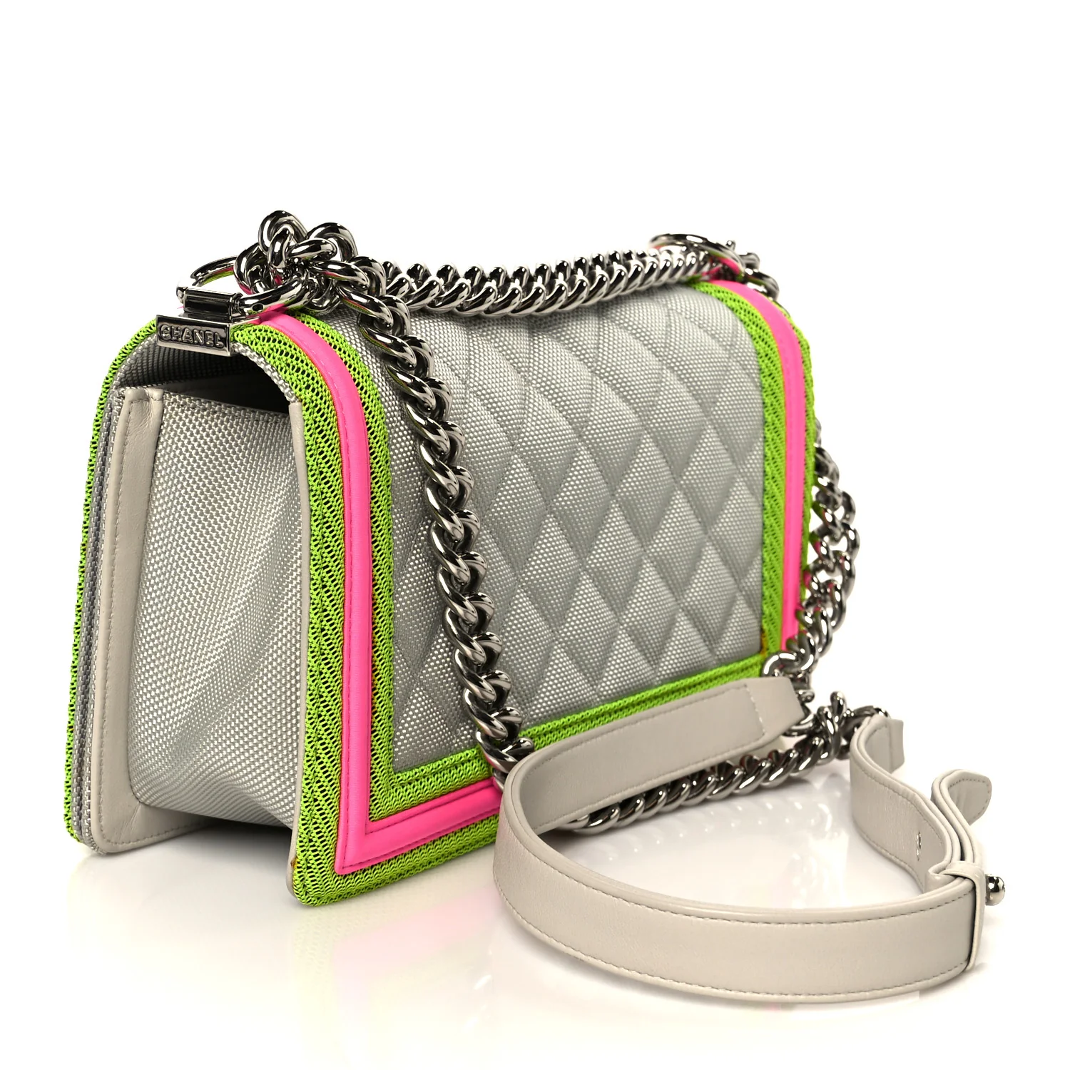 Canvas Quilted Medium Fluo Boy Flap Dark Grey Fuchsia Green - Image 3