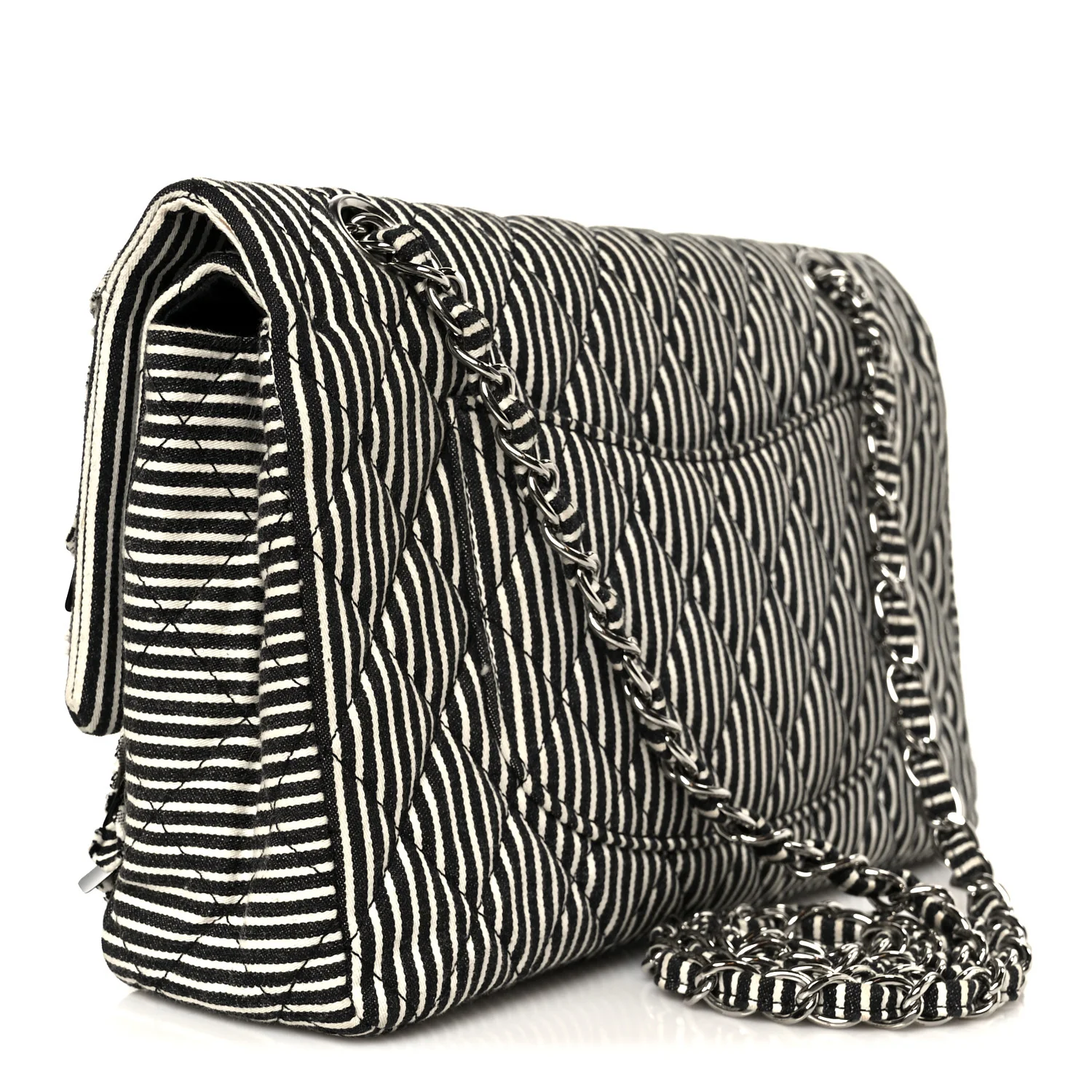Canvas Sequin Stripe Medium Double Flap Black White - Image 3