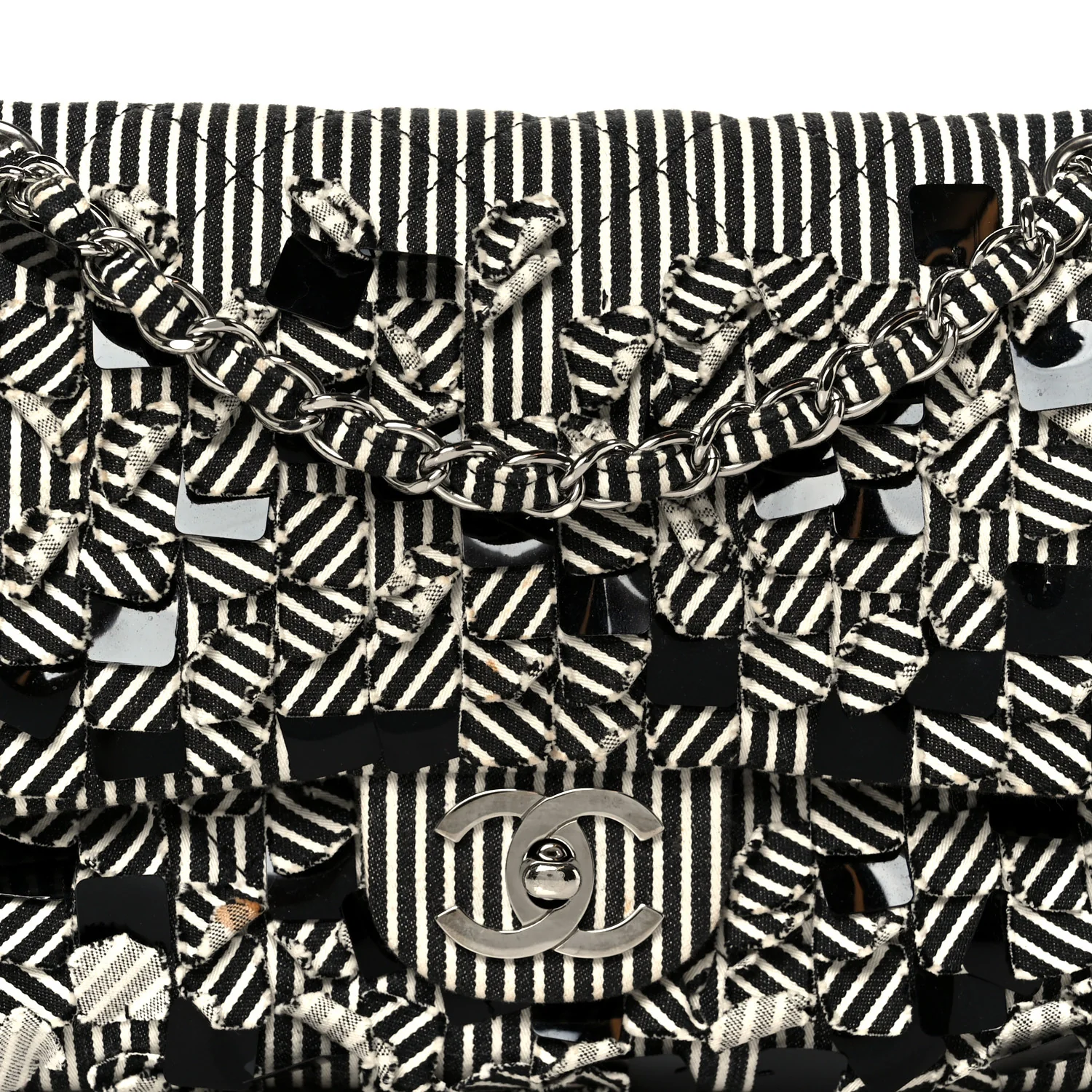 Canvas Sequin Stripe Medium Double Flap Black White - Image 9