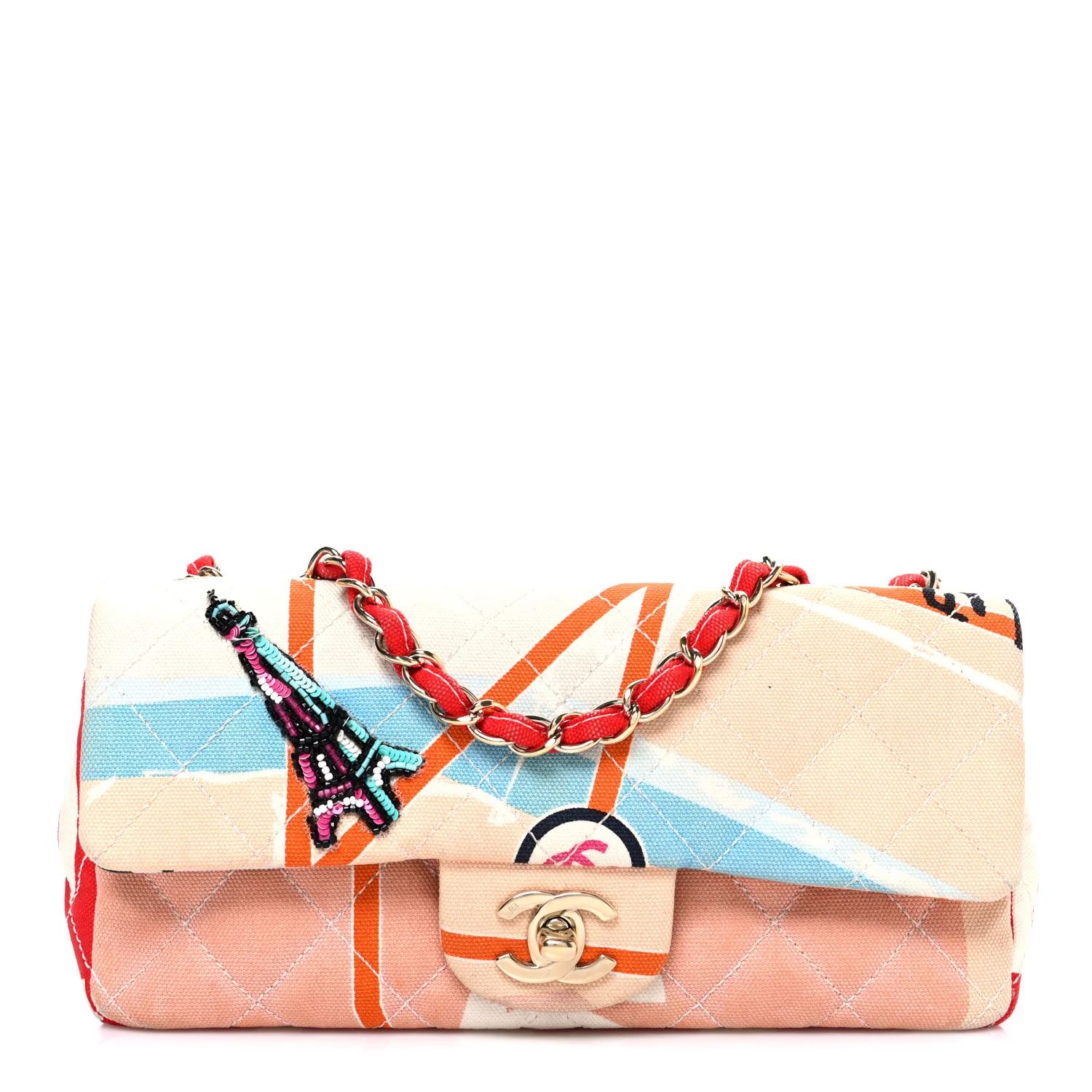 Canvas Small Printed Eiffel Tower Flap Bag Beige Multicolor