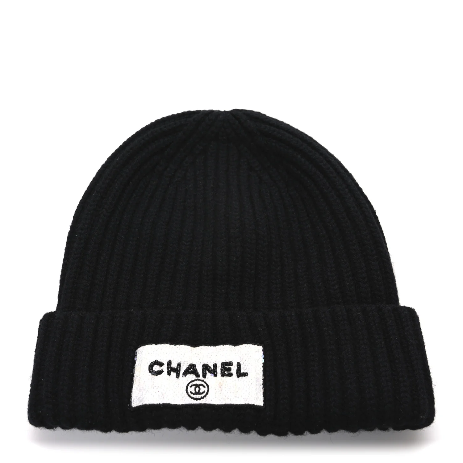 Cashmere Beaded Sequin Logo Beanie Hat Black