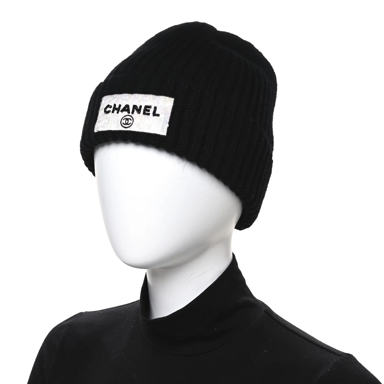 Cashmere Beaded Sequin Logo Beanie Hat Black - Image 2
