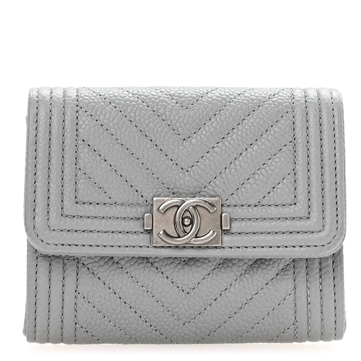 Caviar Chevron Quilted Boy Card Holder Wallet Grey