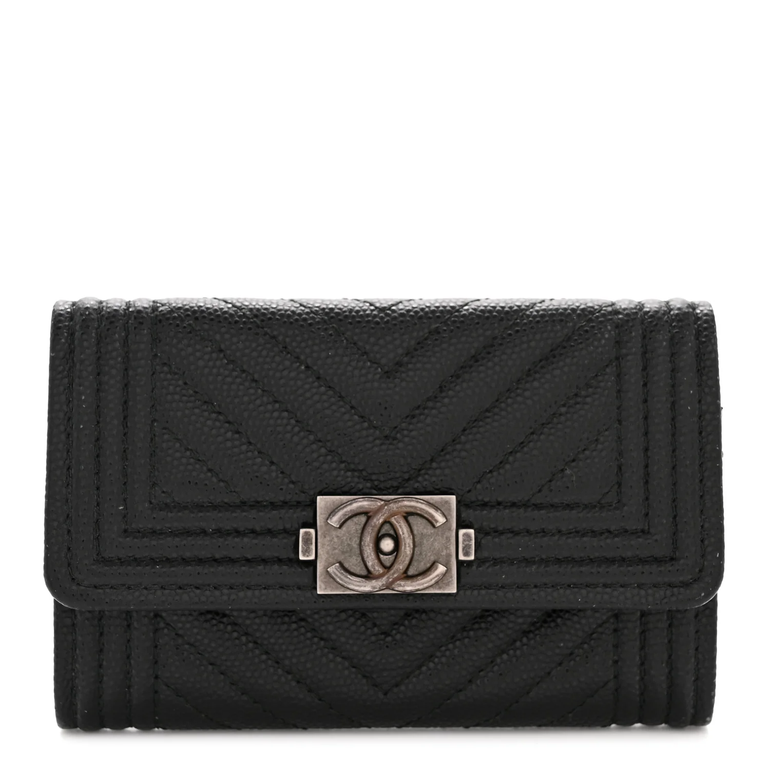 Caviar Chevron Quilted Boy Flap Card Holder Black