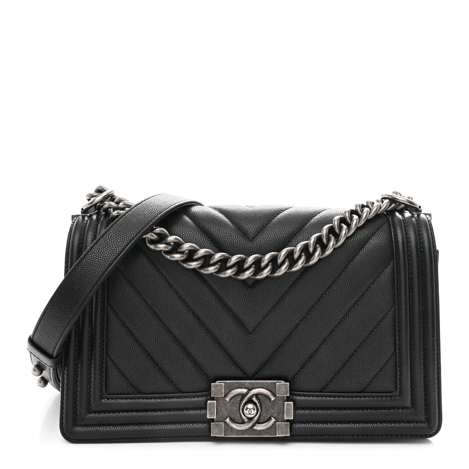 Caviar Chevron Quilted Medium Boy Flap Black