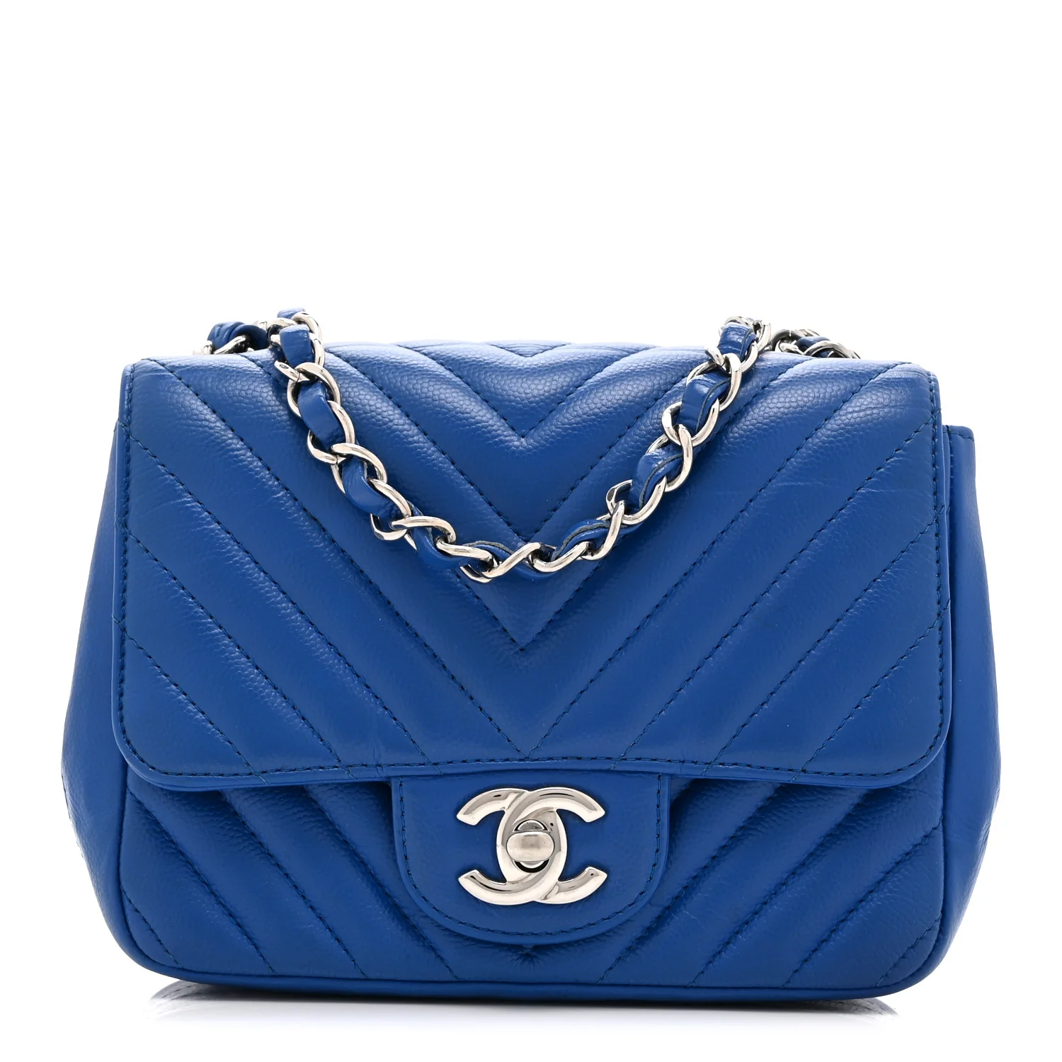 Caviar Chevron Quilted Mini Square Flap Blue