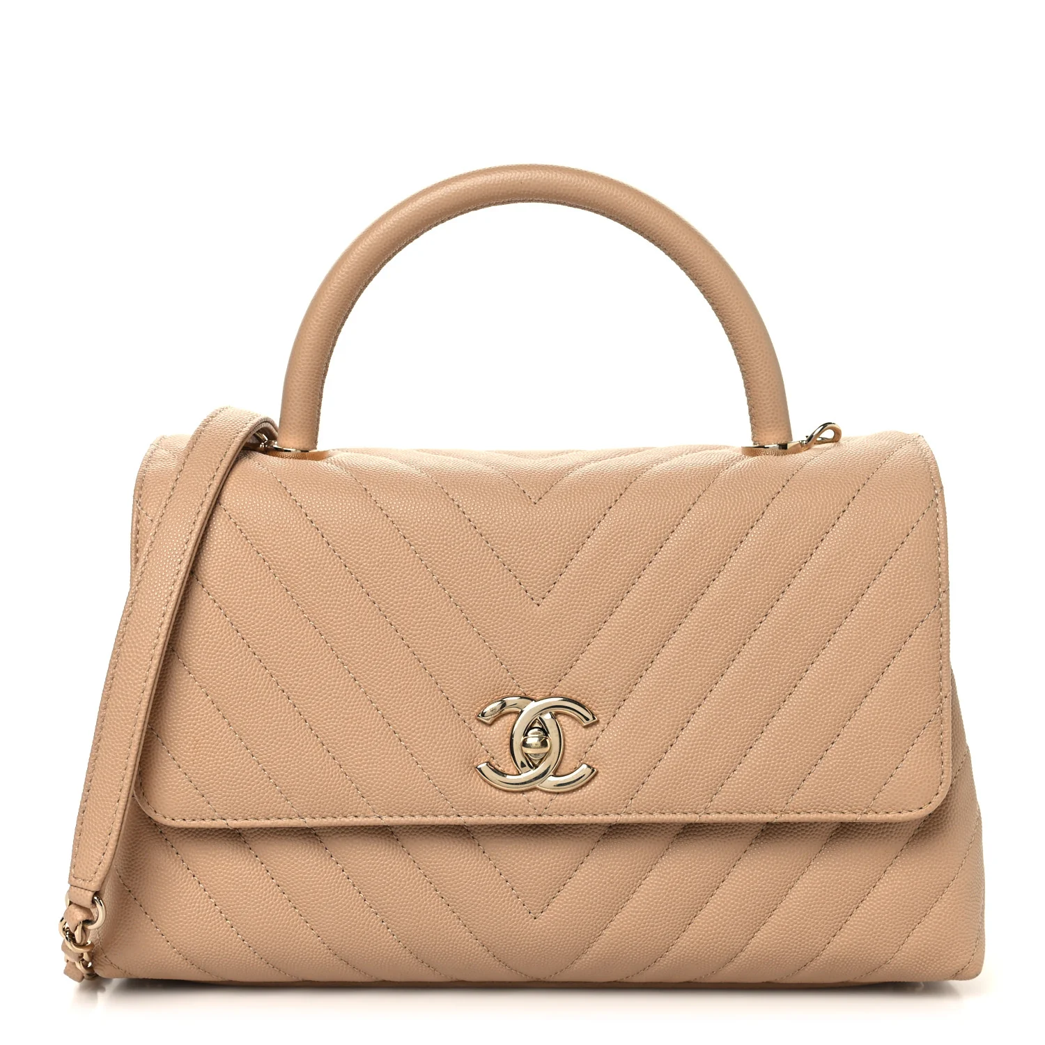 Caviar Chevron Quilted Small Coco Handle Flap Beige
