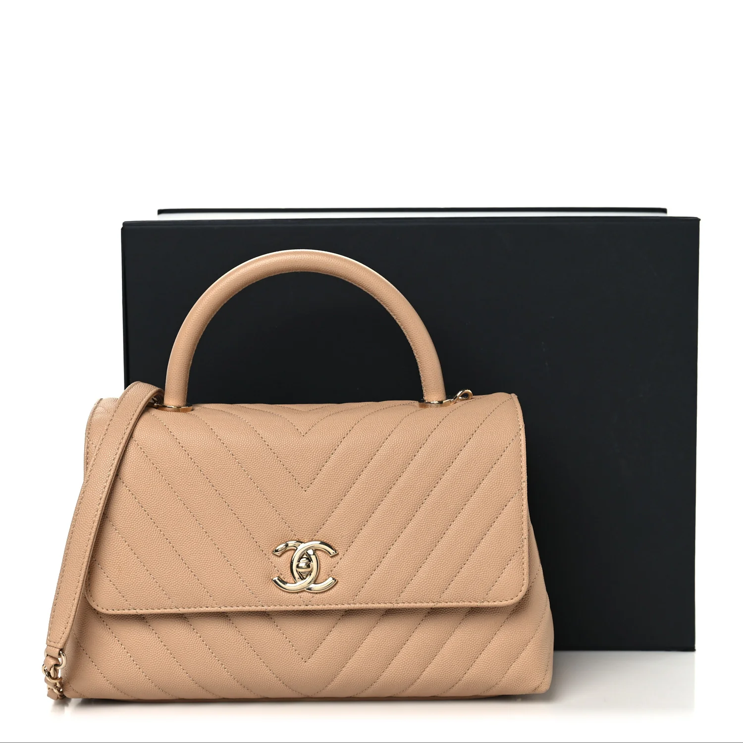 Caviar Chevron Quilted Small Coco Handle Flap Beige - Image 12