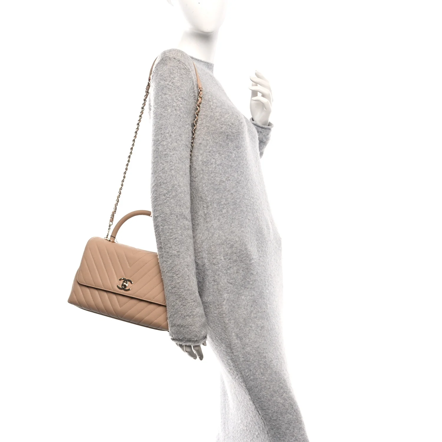 Caviar Chevron Quilted Small Coco Handle Flap Beige - Image 2