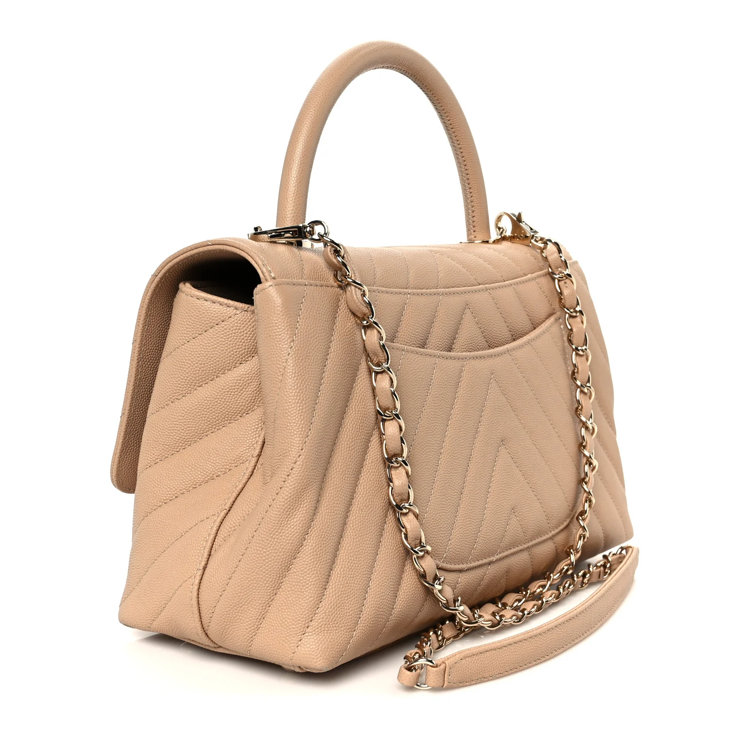Caviar Chevron Quilted Small Coco Handle Flap Beige - Image 3