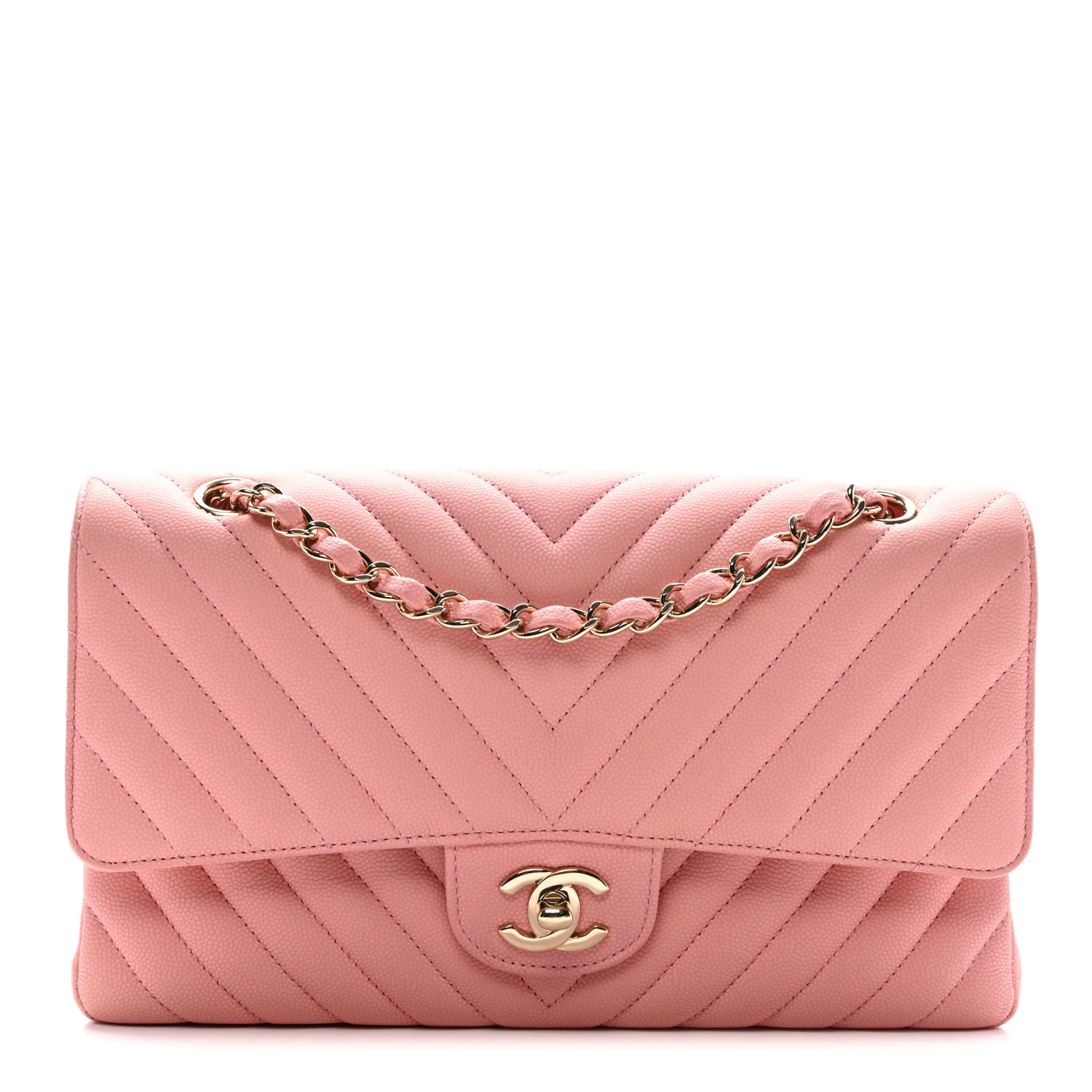 Caviar Flat Chevron Quilted Medium Double Flap Pink