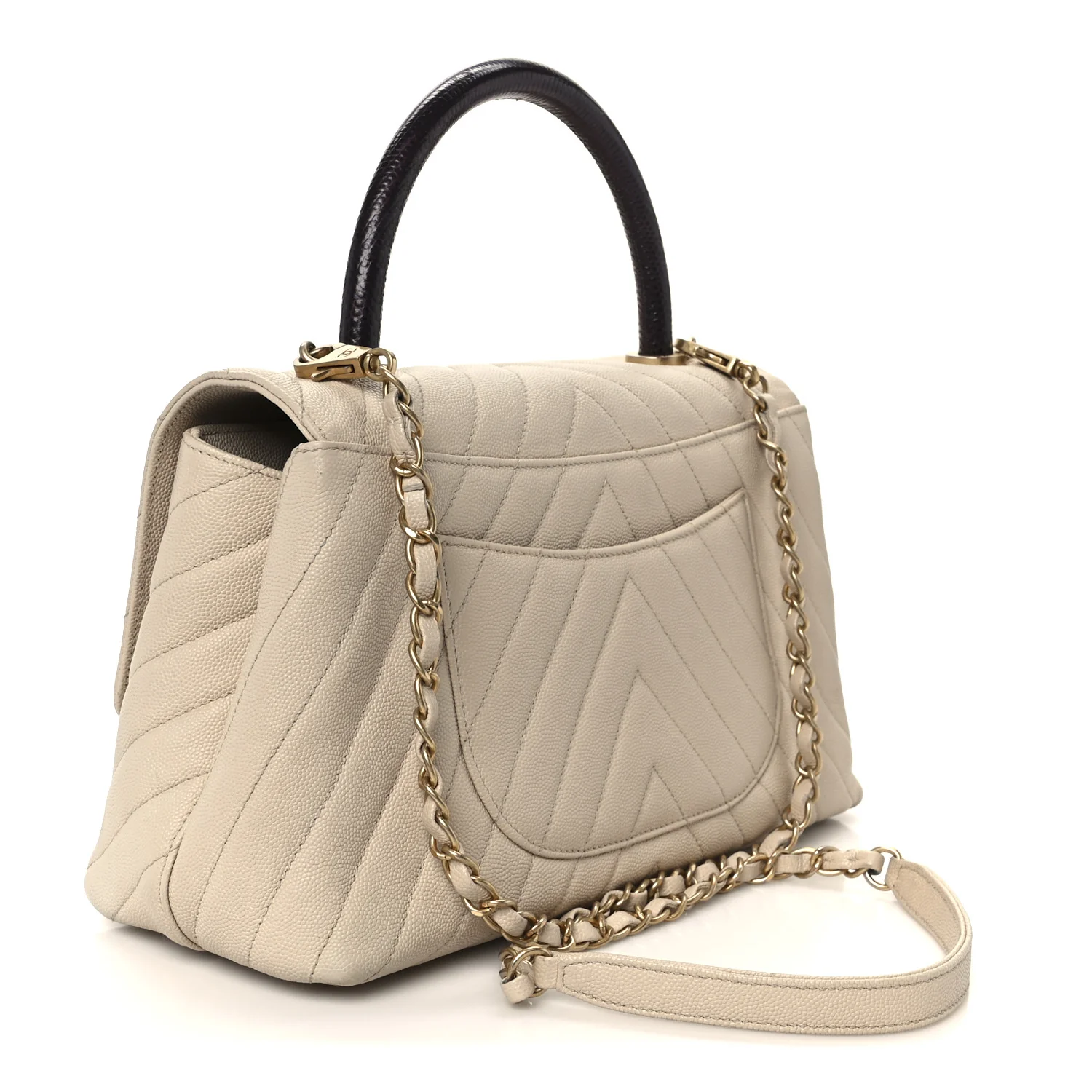 Caviar Lizard Embossed Chevron Quilted Small Coco Handle Flap Beige - Image 3