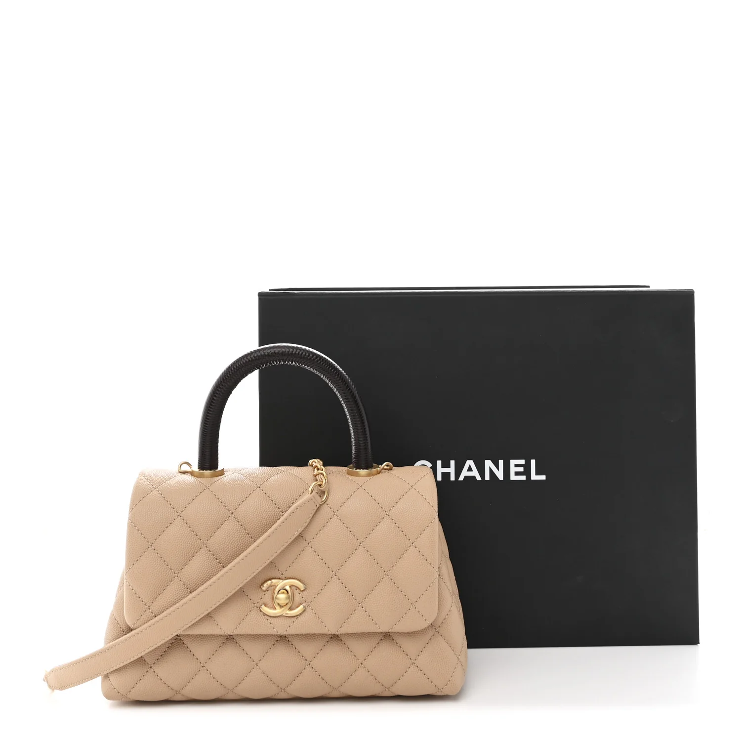 Caviar Lizard Embossed Quilted Mini Coco Handle Flap Beige - Image 12