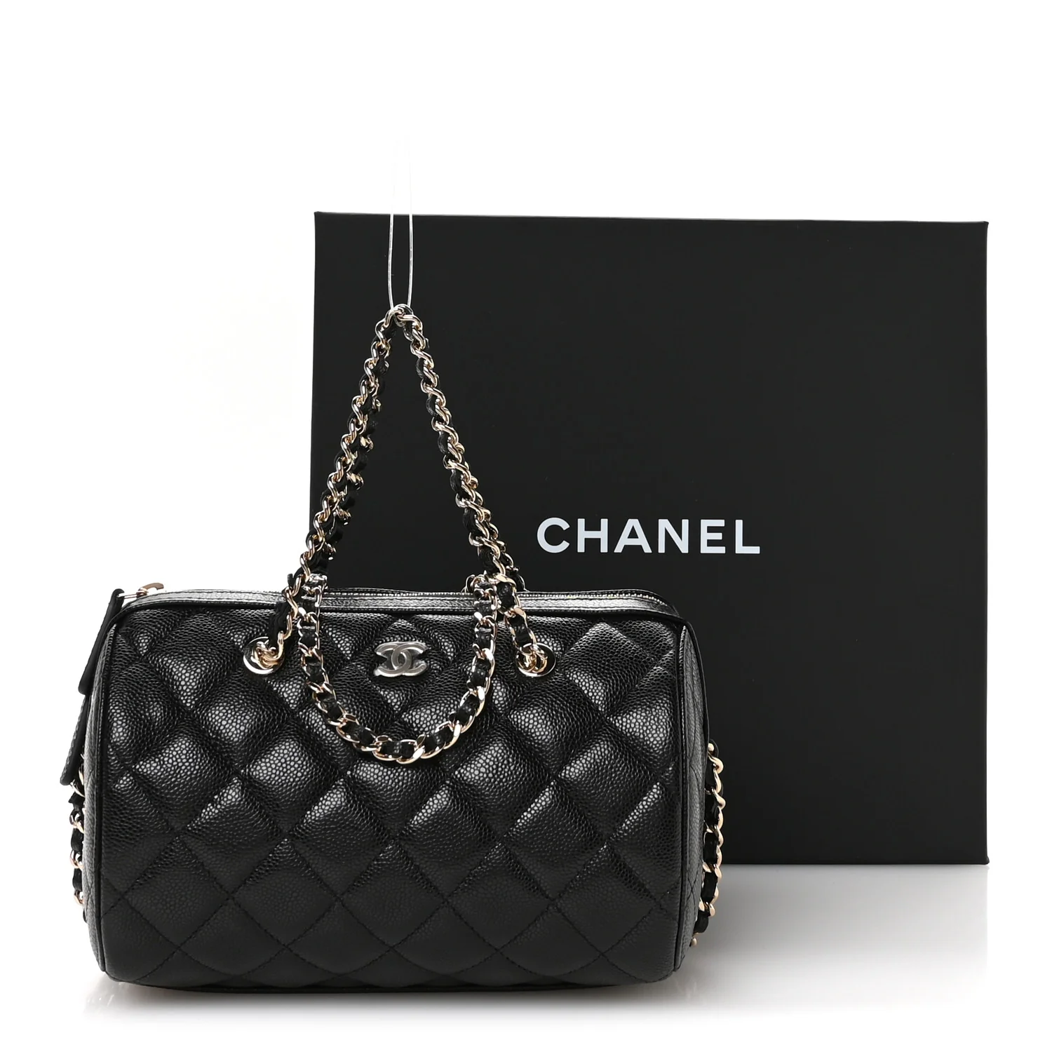 Caviar Quilted Barrel Clutch With Chain Black - Image 11