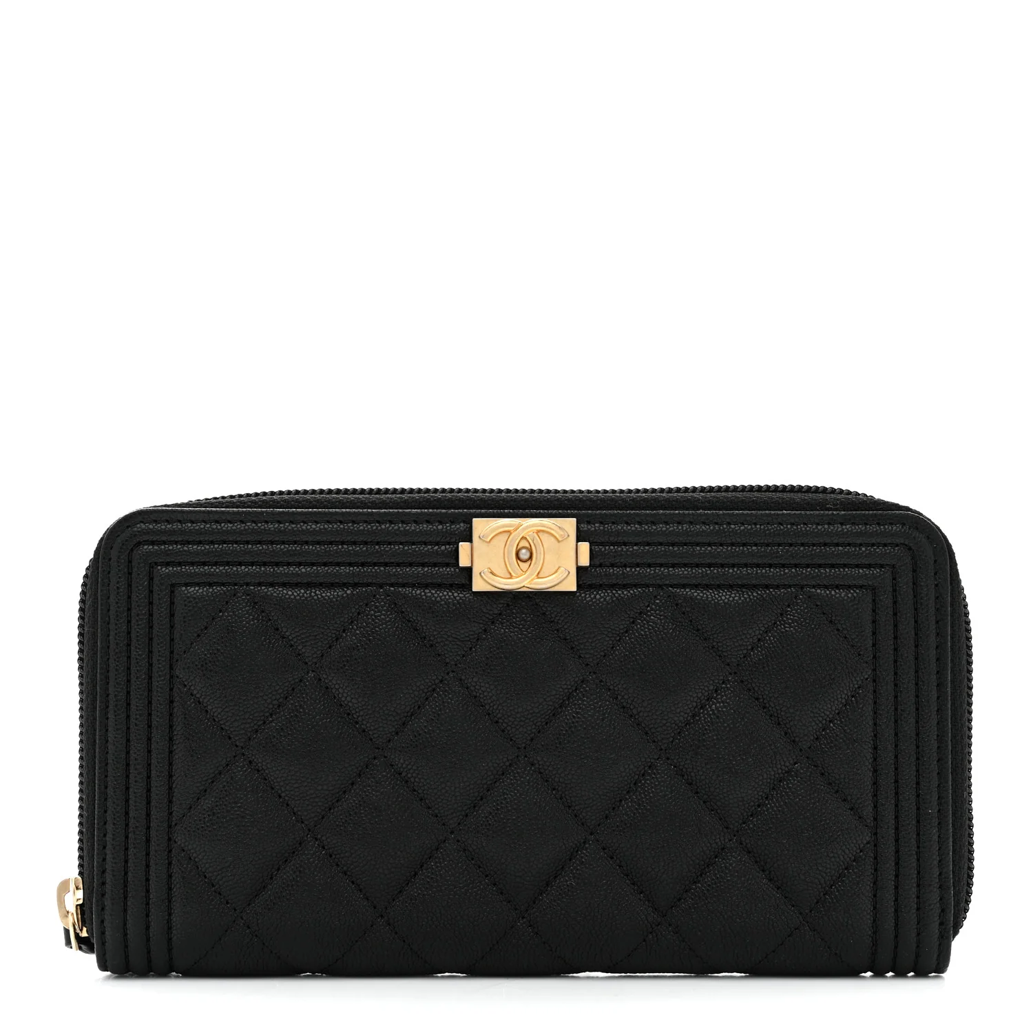 Caviar Quilted Boy Long Zip Around Wallet Black