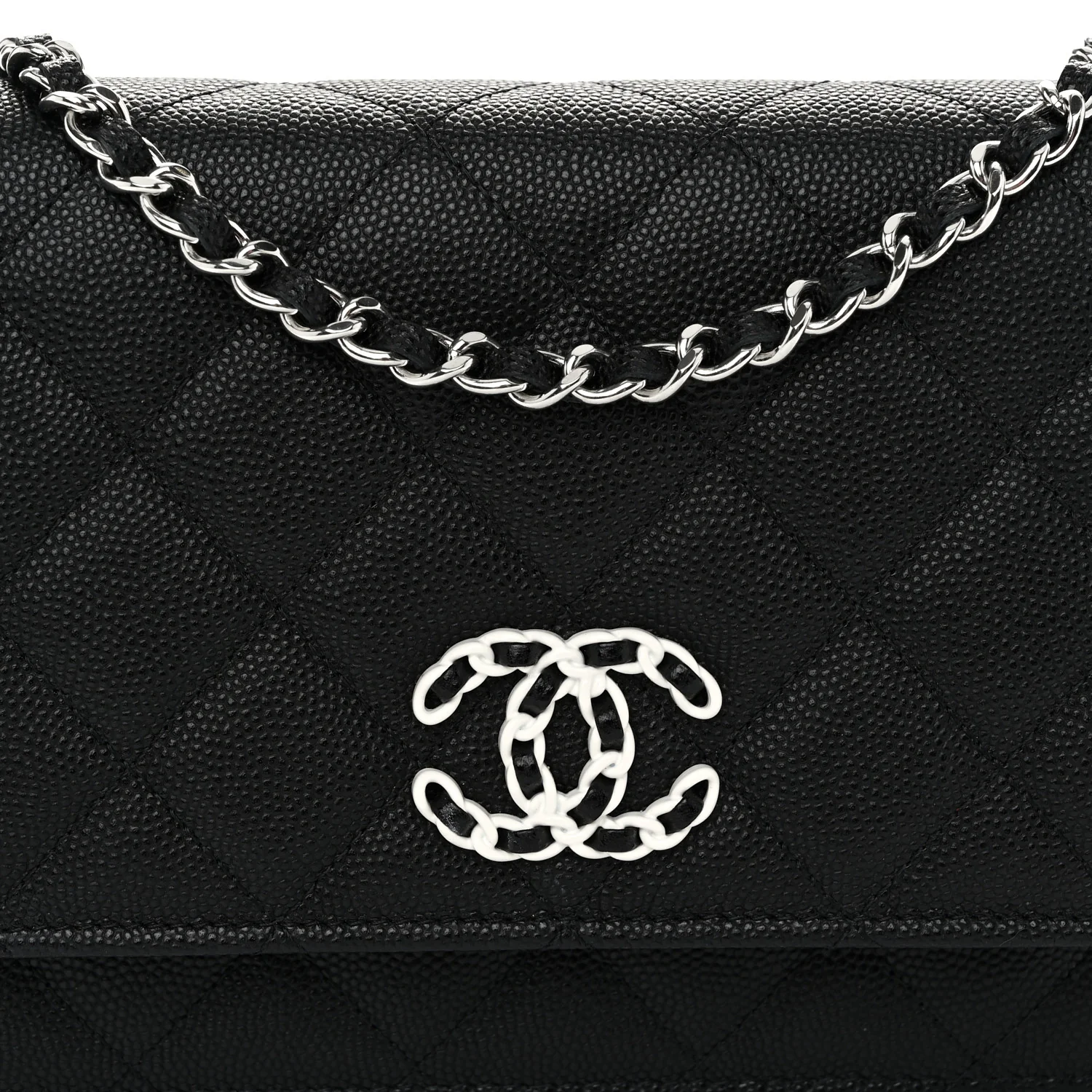 Caviar Quilted Chanel 19 Wallet On Chain WOC Black White - Image 9