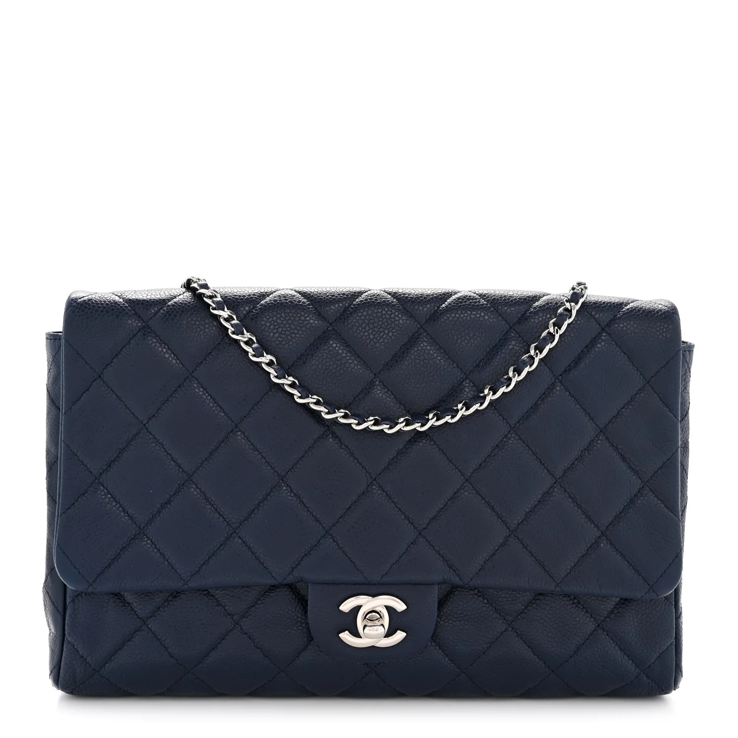 Caviar Quilted Clutch With Chain Flap Navy Blue