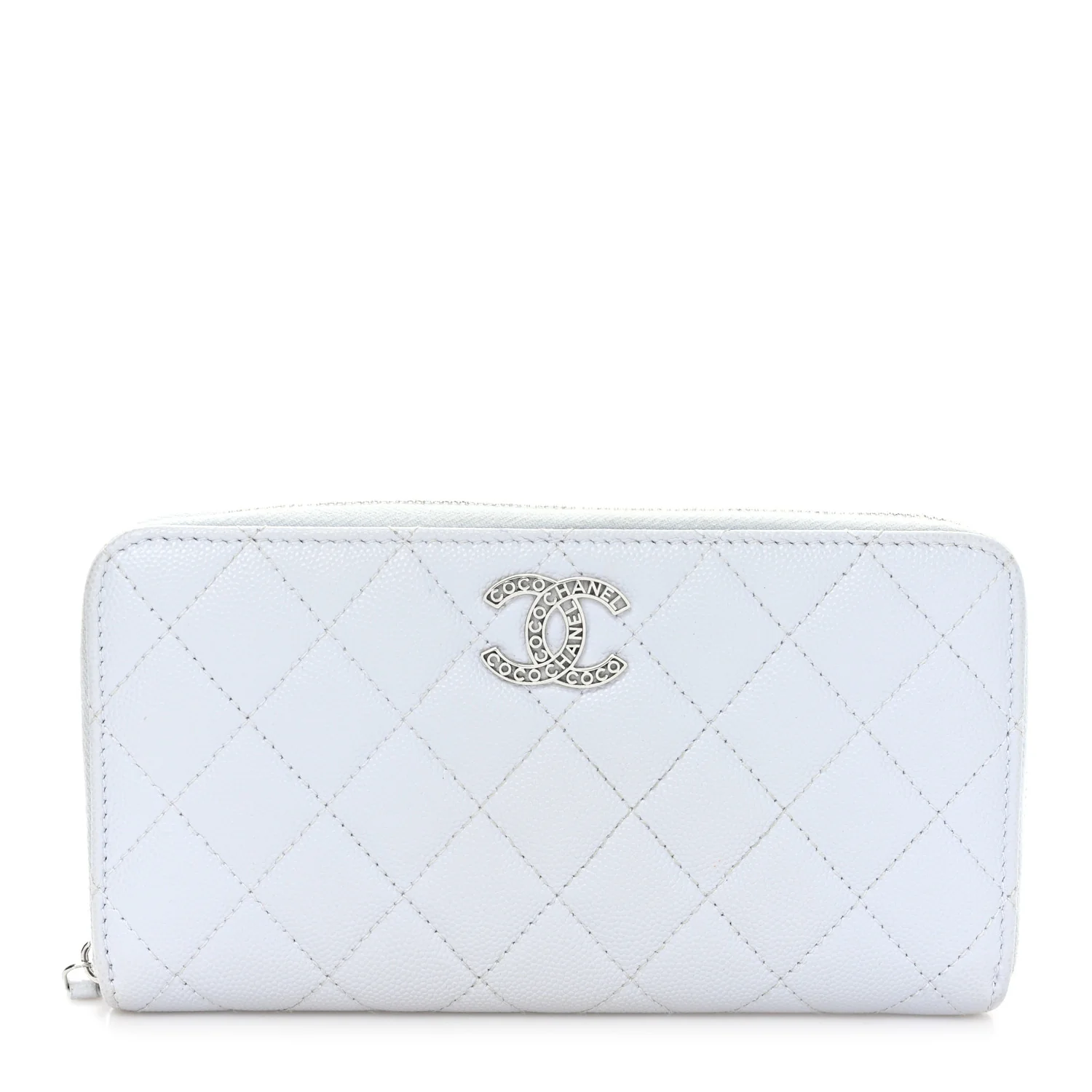 Caviar Quilted Coco Chanel Logo CC Large Gusset Zip Around Wallet Light Blue
