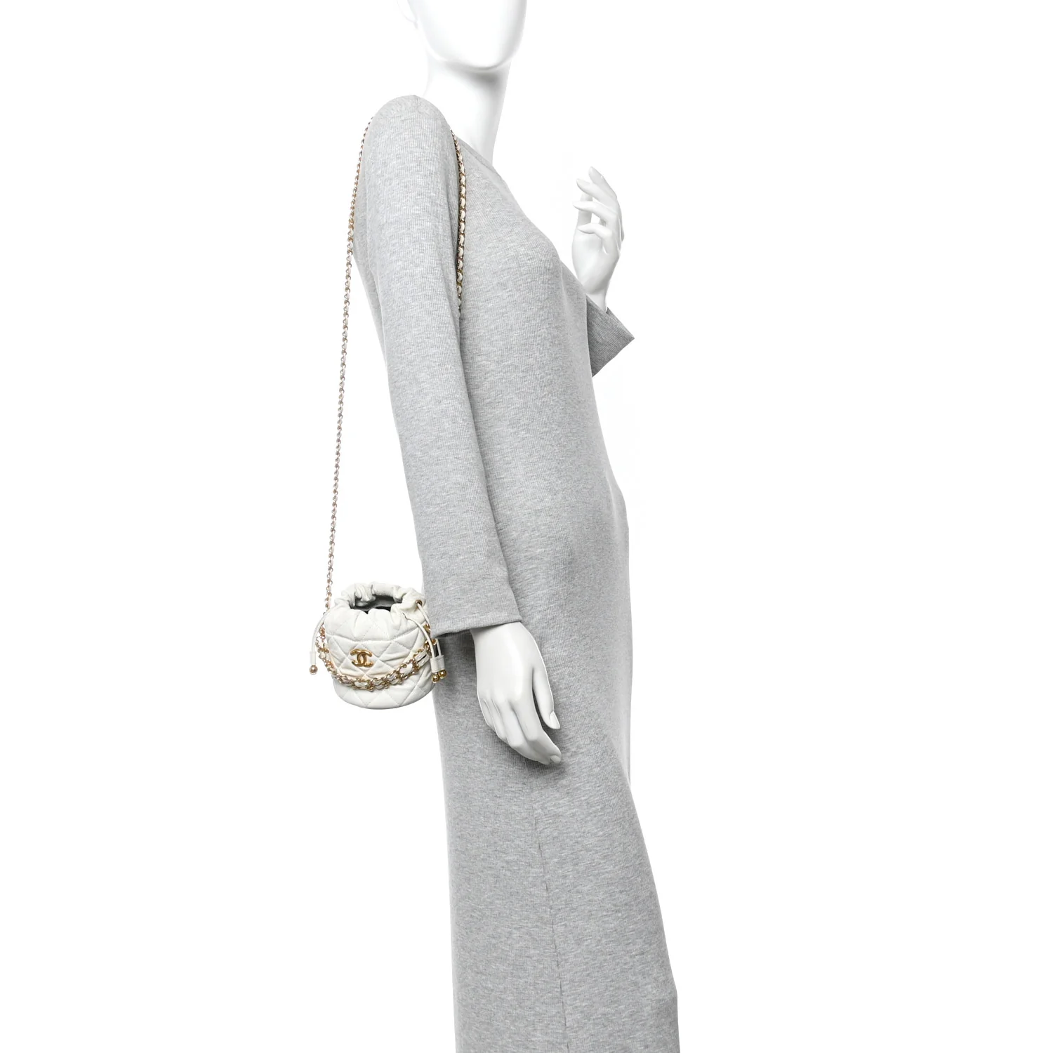 Caviar Quilted Coco First Bucket Clutch With Chain White - Image 2