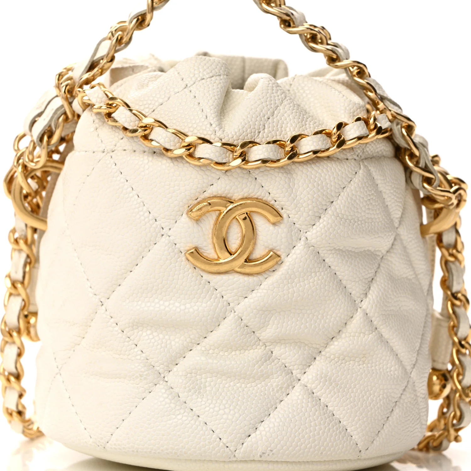 Caviar Quilted Coco First Bucket Clutch With Chain White - Image 8