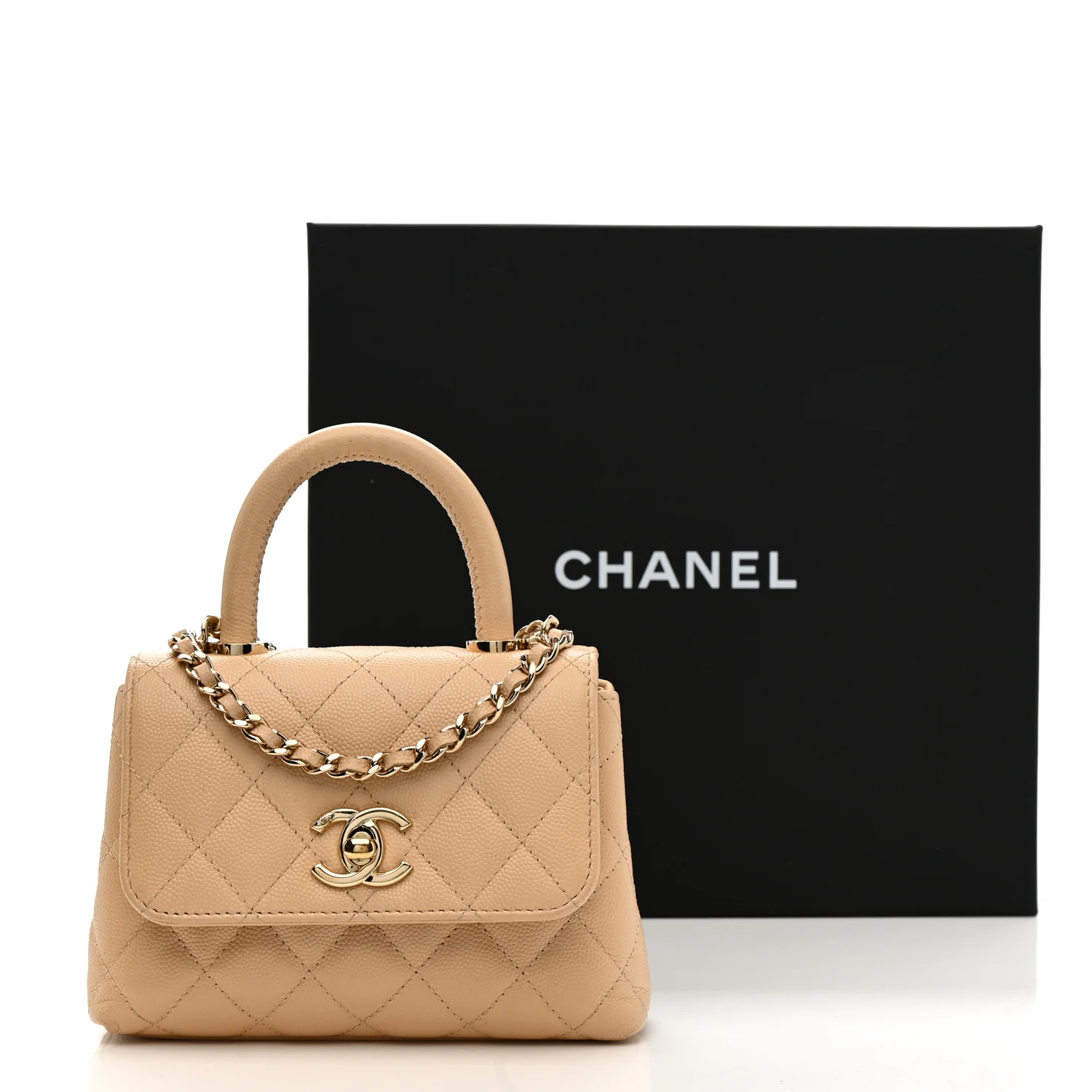 Caviar Quilted Coco Handle Clutch With Chain Beige - Image 11