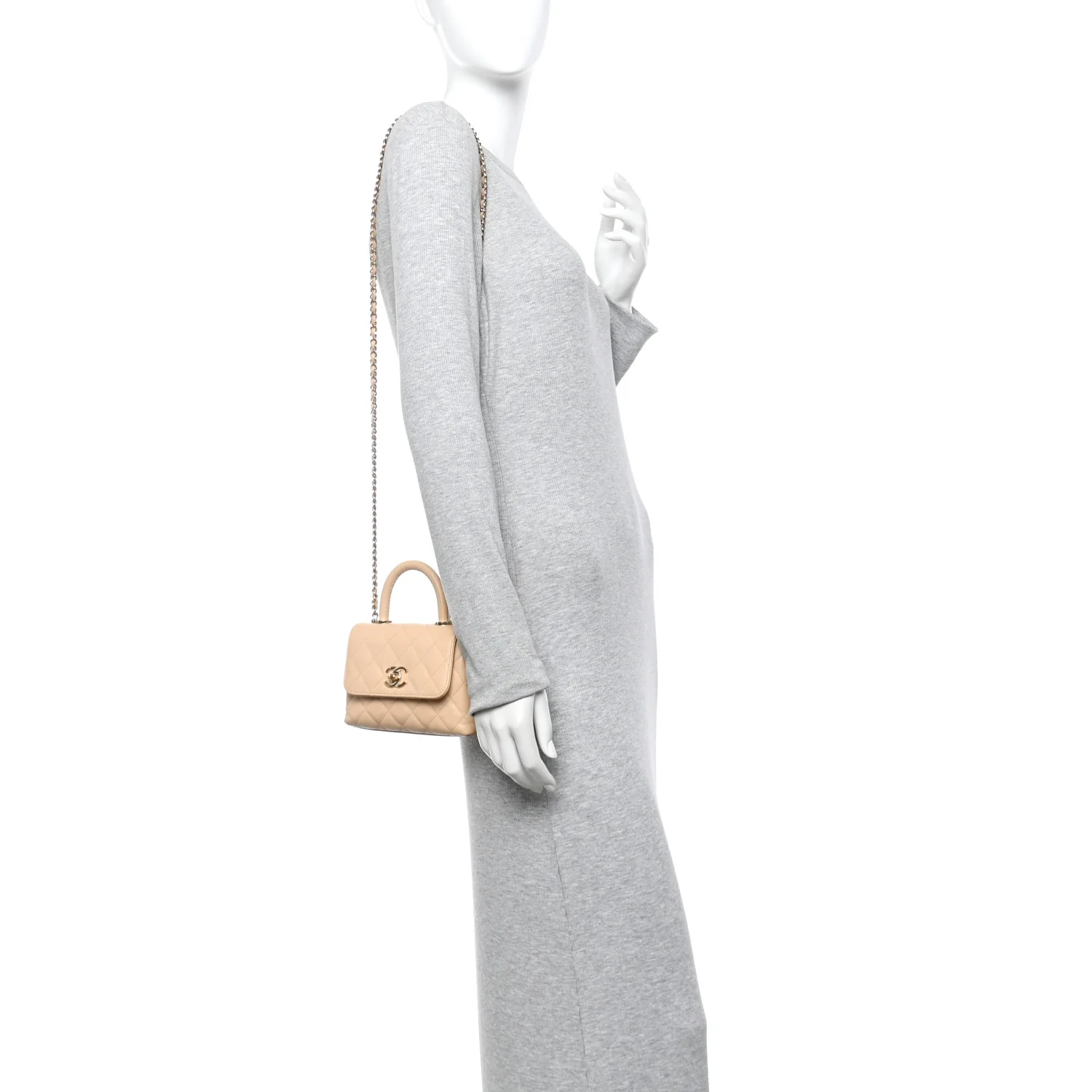 Caviar Quilted Coco Handle Clutch With Chain Beige - Image 2