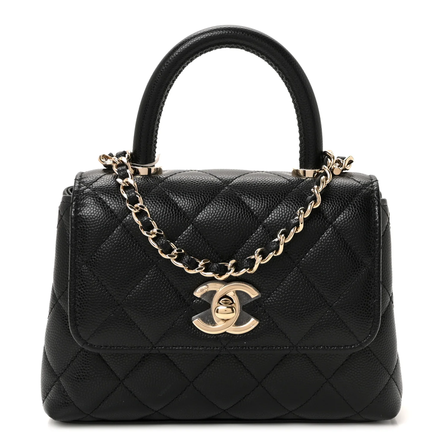 Caviar Quilted Coco Handle Clutch With Chain Black