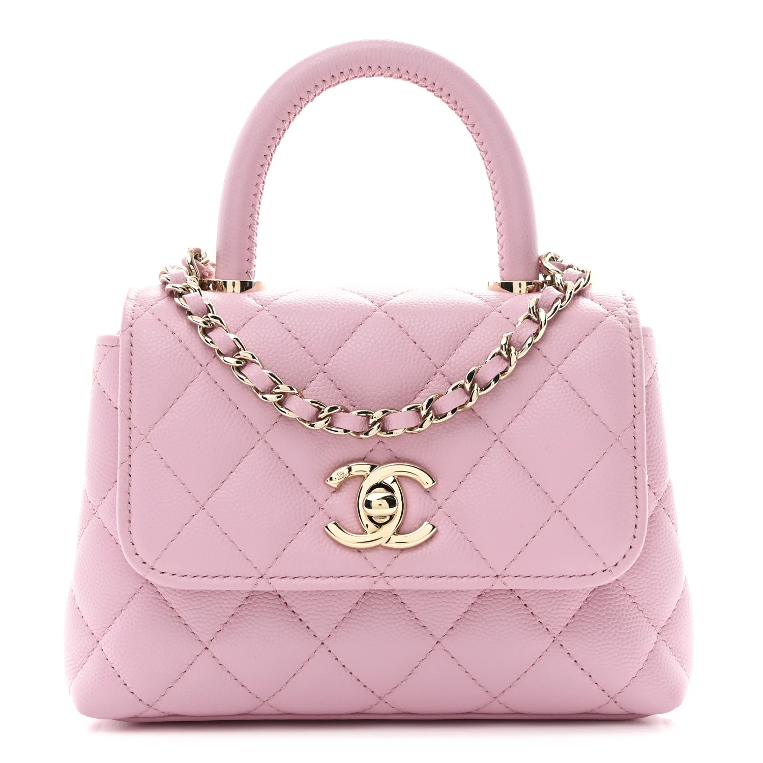 Caviar Quilted Coco Handle Clutch With Chain Pink