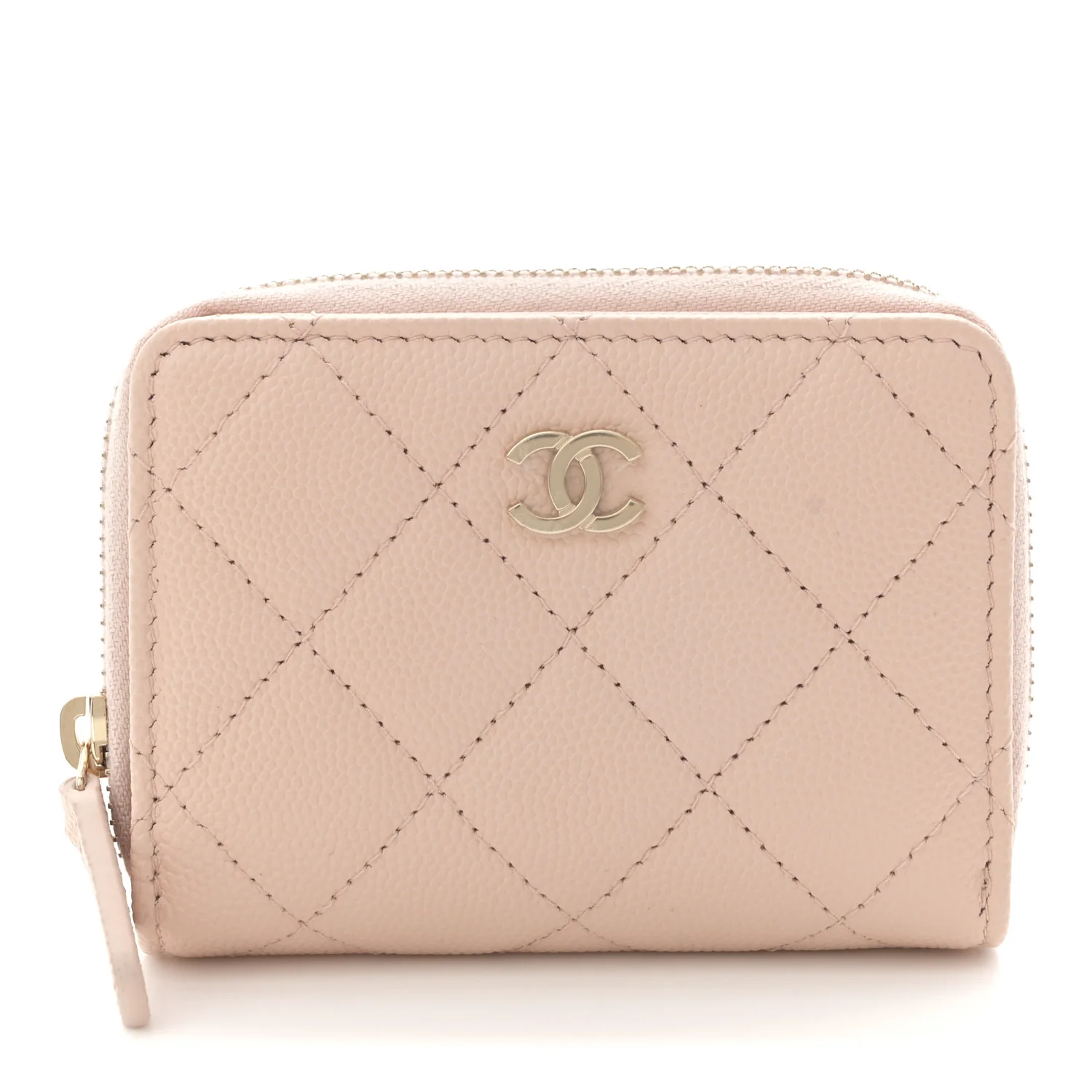 Caviar Quilted Compact Zipped Wallet Beige