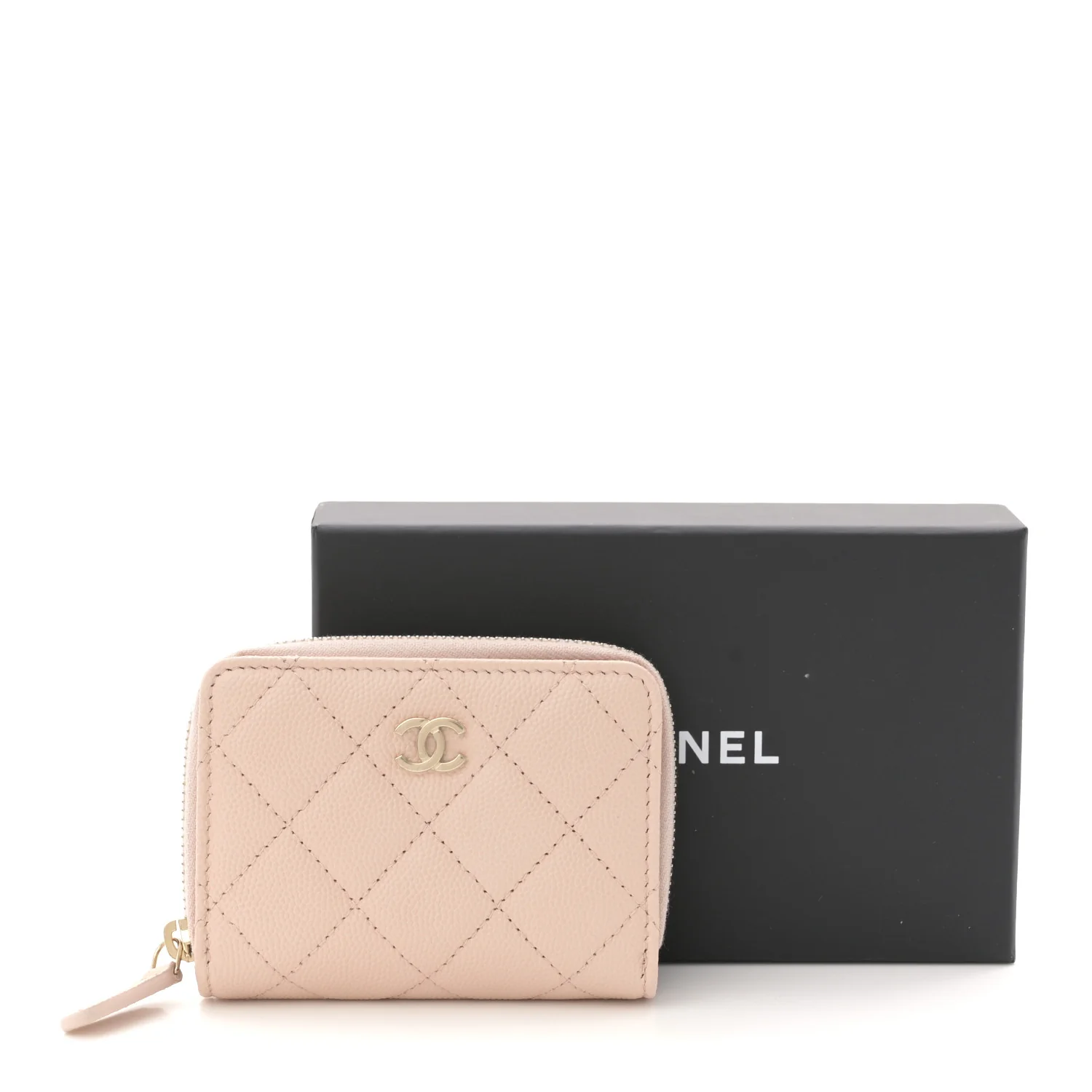 Caviar Quilted Compact Zipped Wallet Beige - Image 9