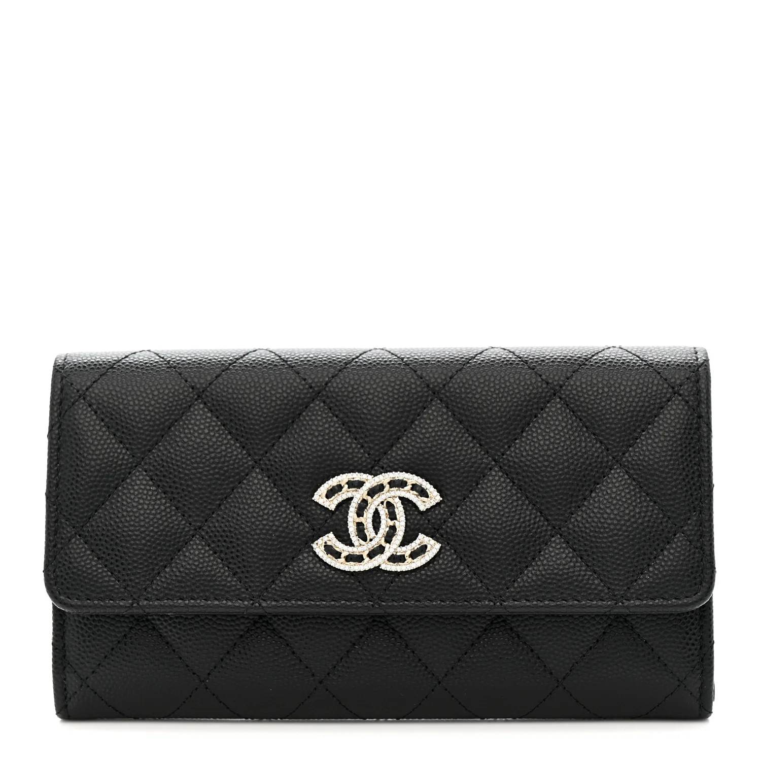 Caviar Quilted Crystal CC Large Gusset Flap Wallet Black