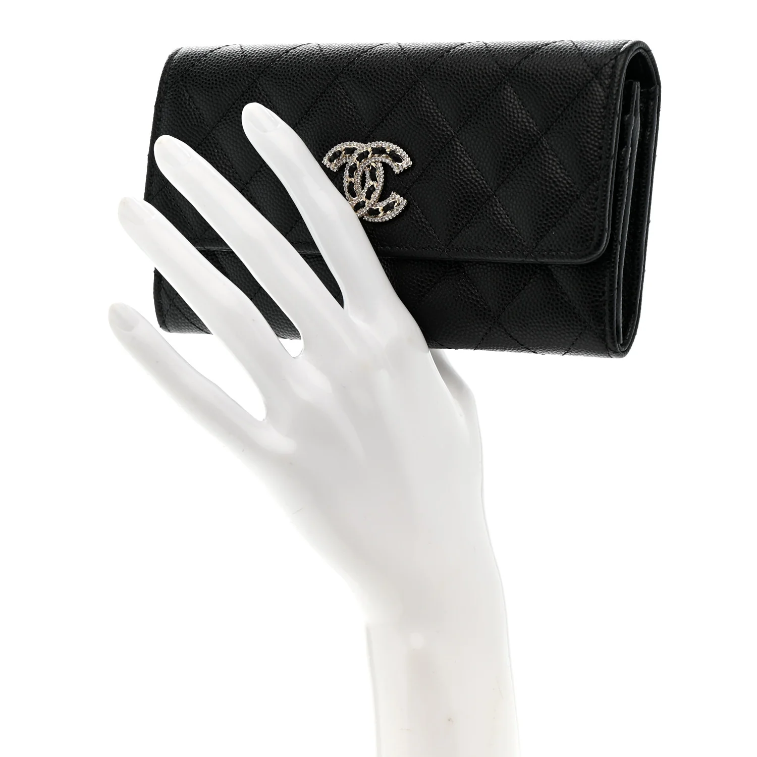 Caviar Quilted Crystal CC Large Gusset Flap Wallet Black - Image 2