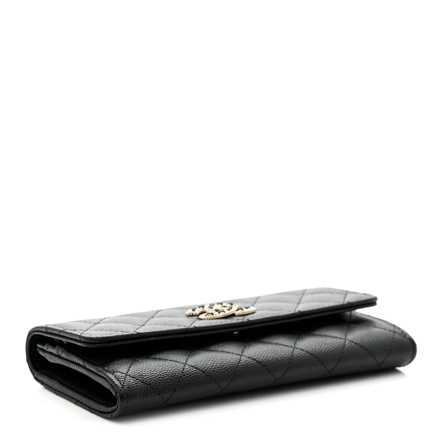 Caviar Quilted Crystal CC Large Gusset Flap Wallet Black - Image 4