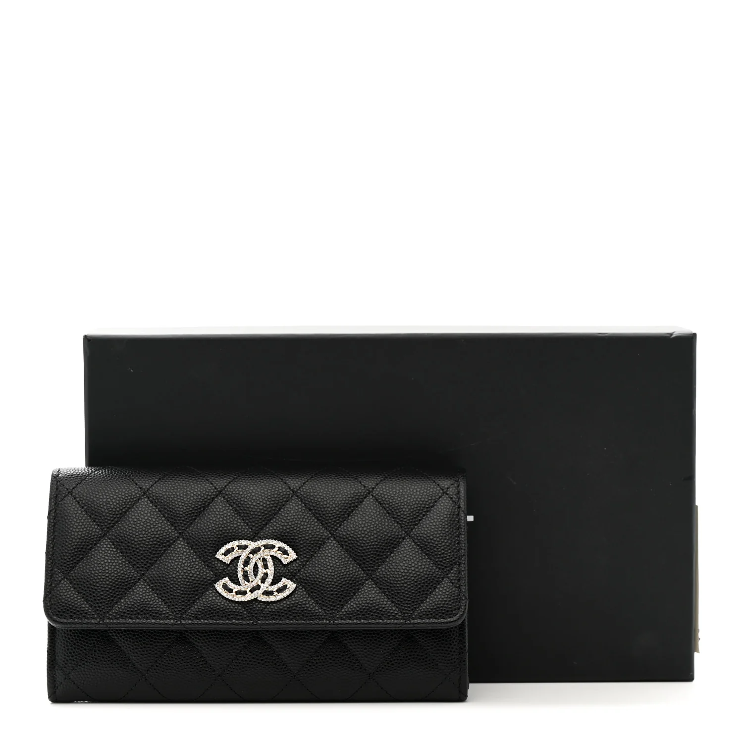 Caviar Quilted Crystal CC Large Gusset Flap Wallet Black - Image 9