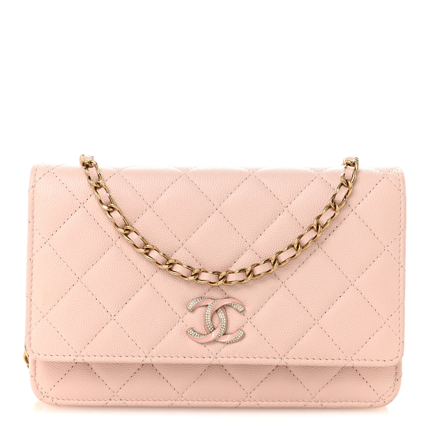 Caviar Quilted Crystal Enamel CC Wallet On Chain WOC Light Pink