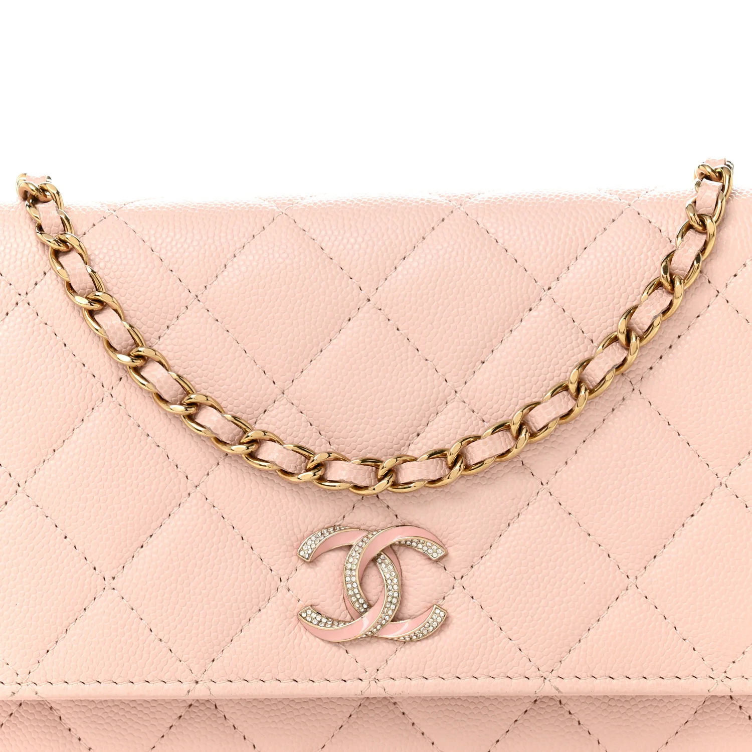 Caviar Quilted Crystal Enamel CC Wallet On Chain WOC Light Pink - Image 9