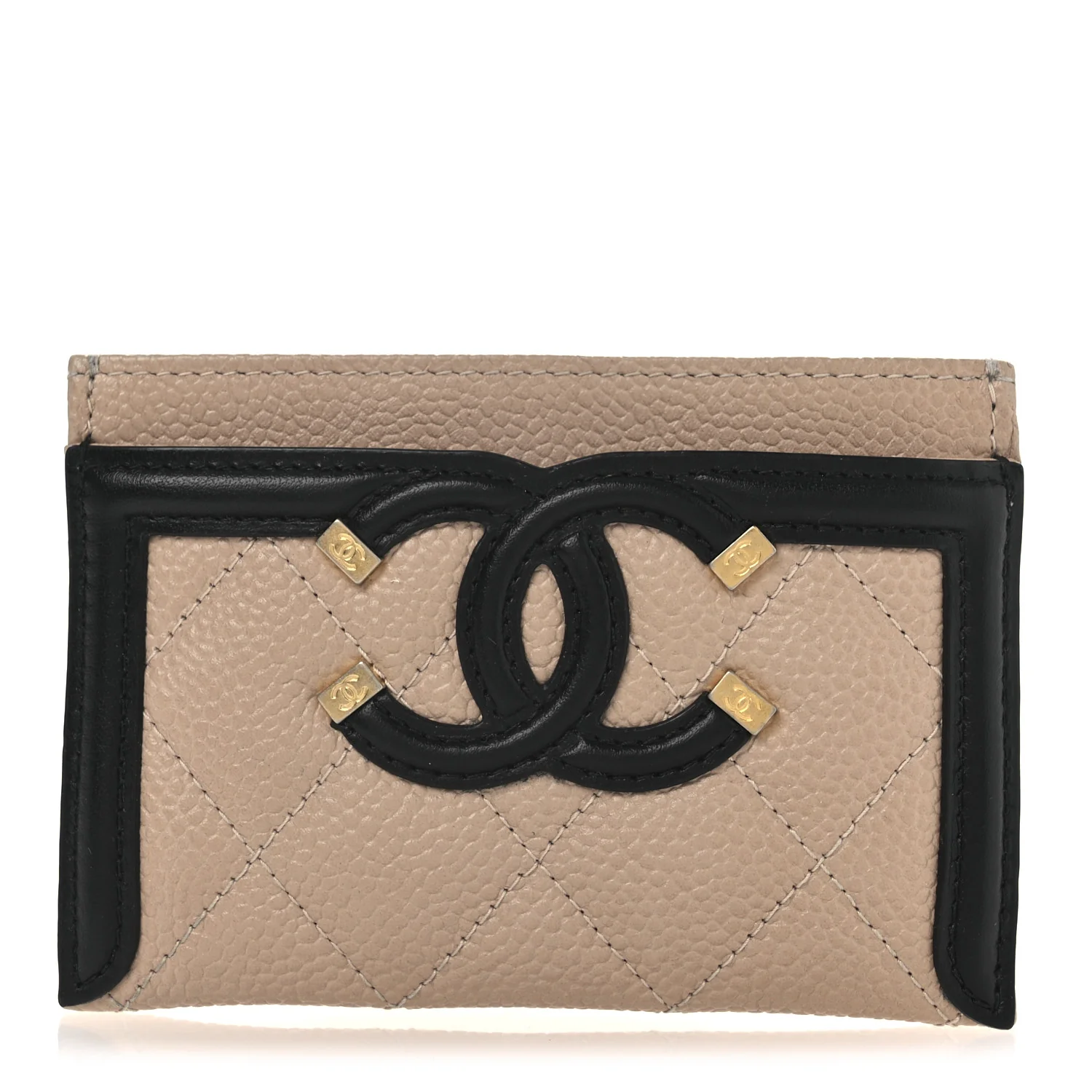 Caviar Quilted Filigree Card Holder Beige Black