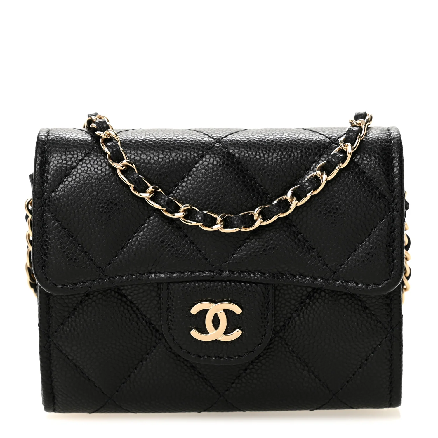 Caviar Quilted Flap Card Holder On Chain Black